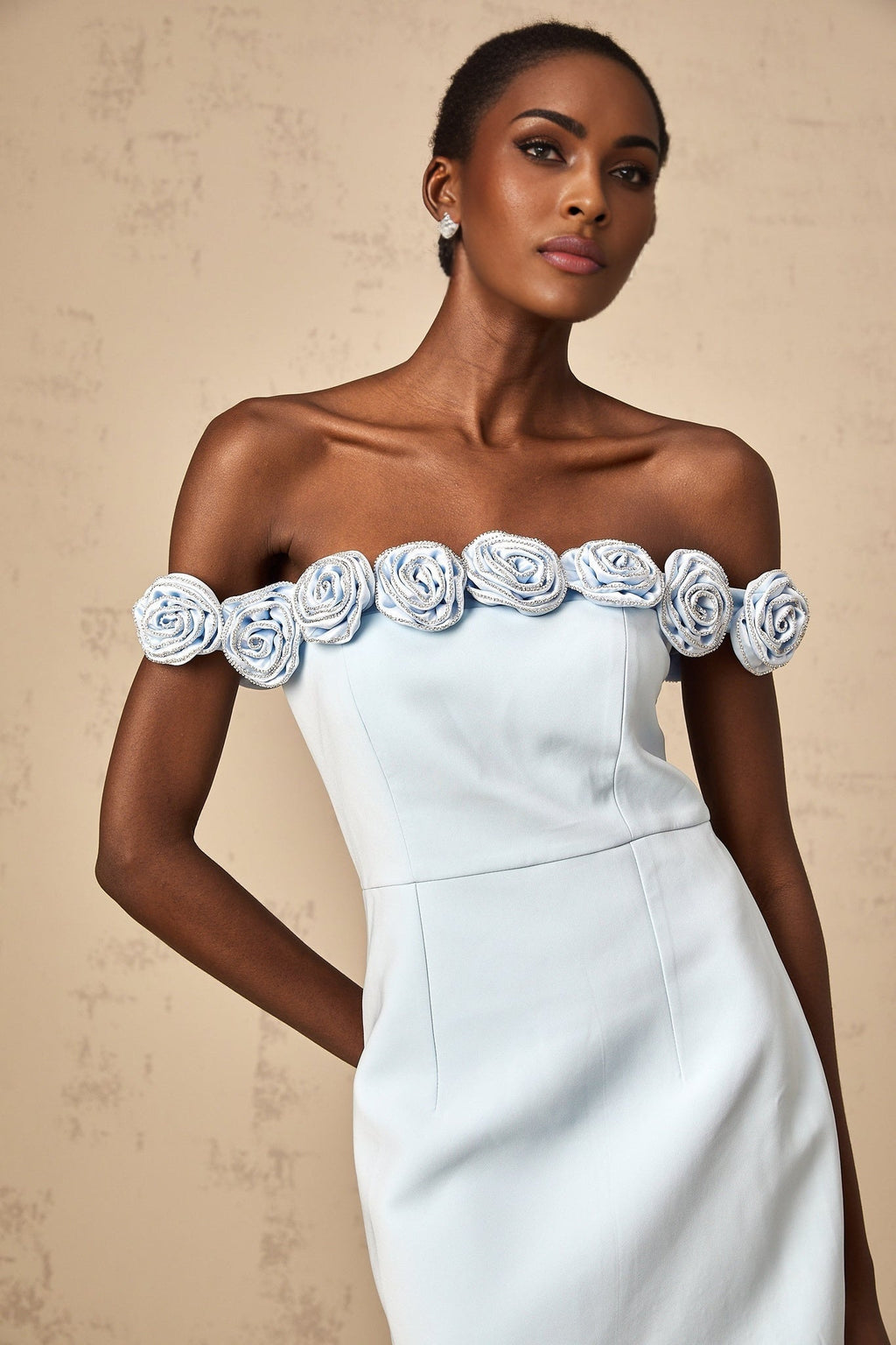 Esme Mini Dress - Off the Shoulder Design - A - Line Silhouette - Rhinestone Embellishments - Flower Appliqu