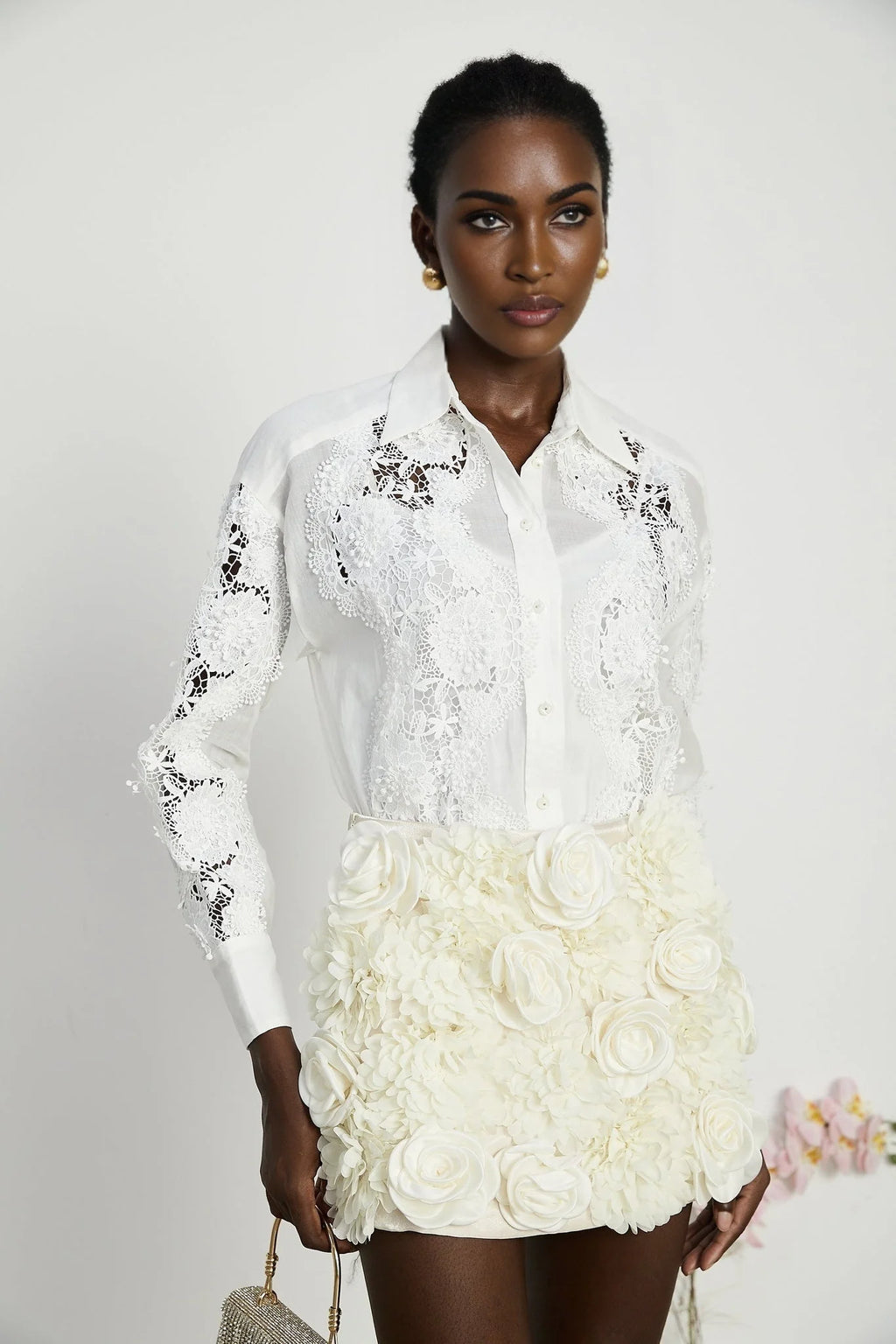 Esme Shirt - Long Sleeve - Lapel - Cut - Out Design - Lace Embroidery