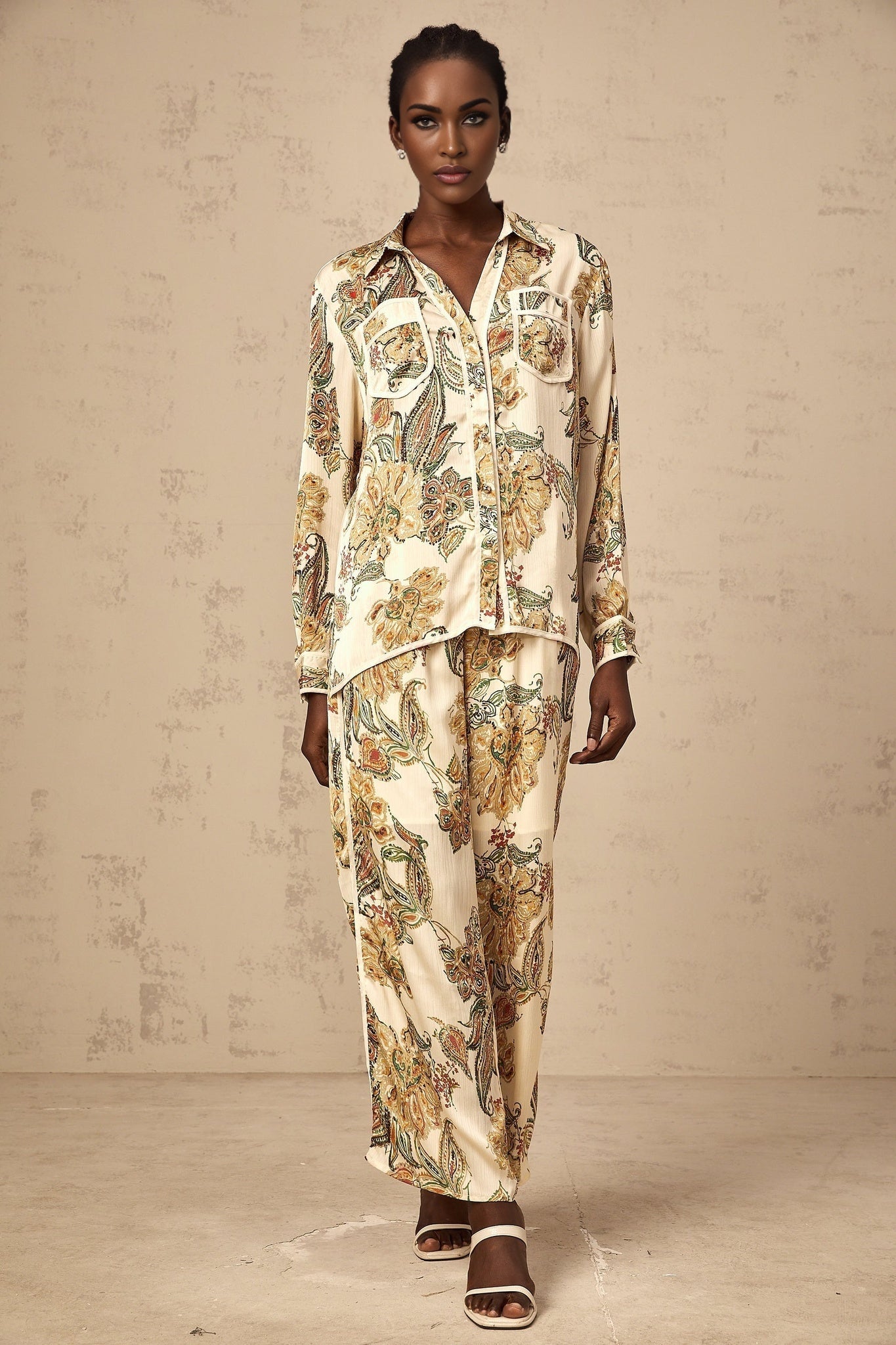 Esme Shirt & Trousers – Floral Print – Semi - Sheer – Wide Legs