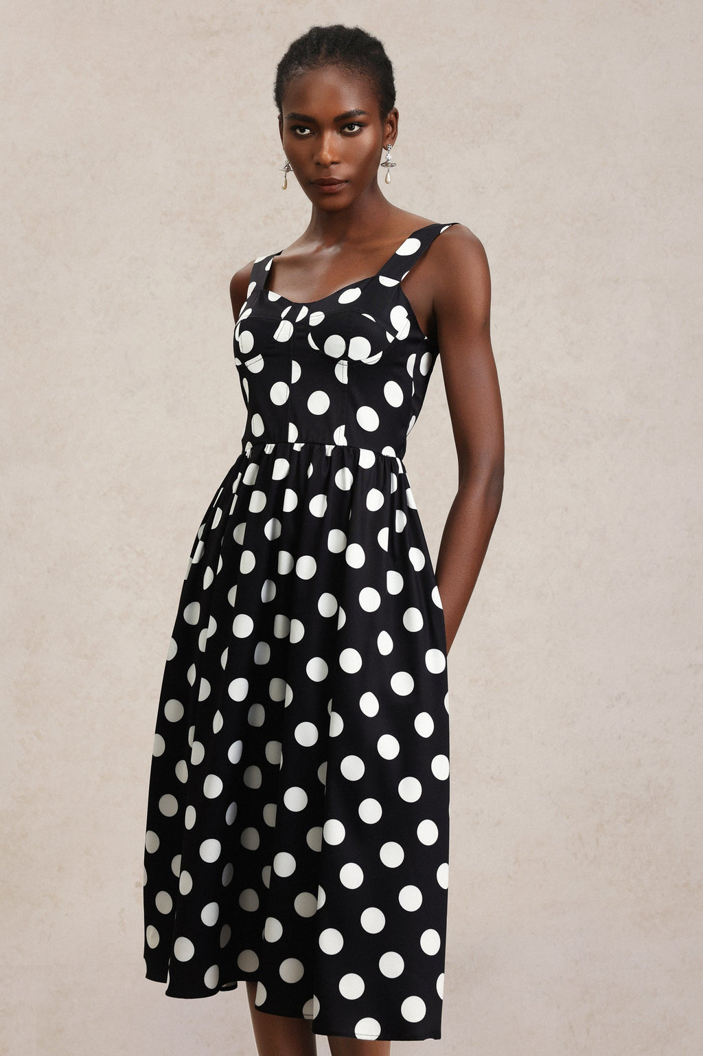 Ester Black Dotted Midi Dress with Flattering Neckline and Delicate Straps