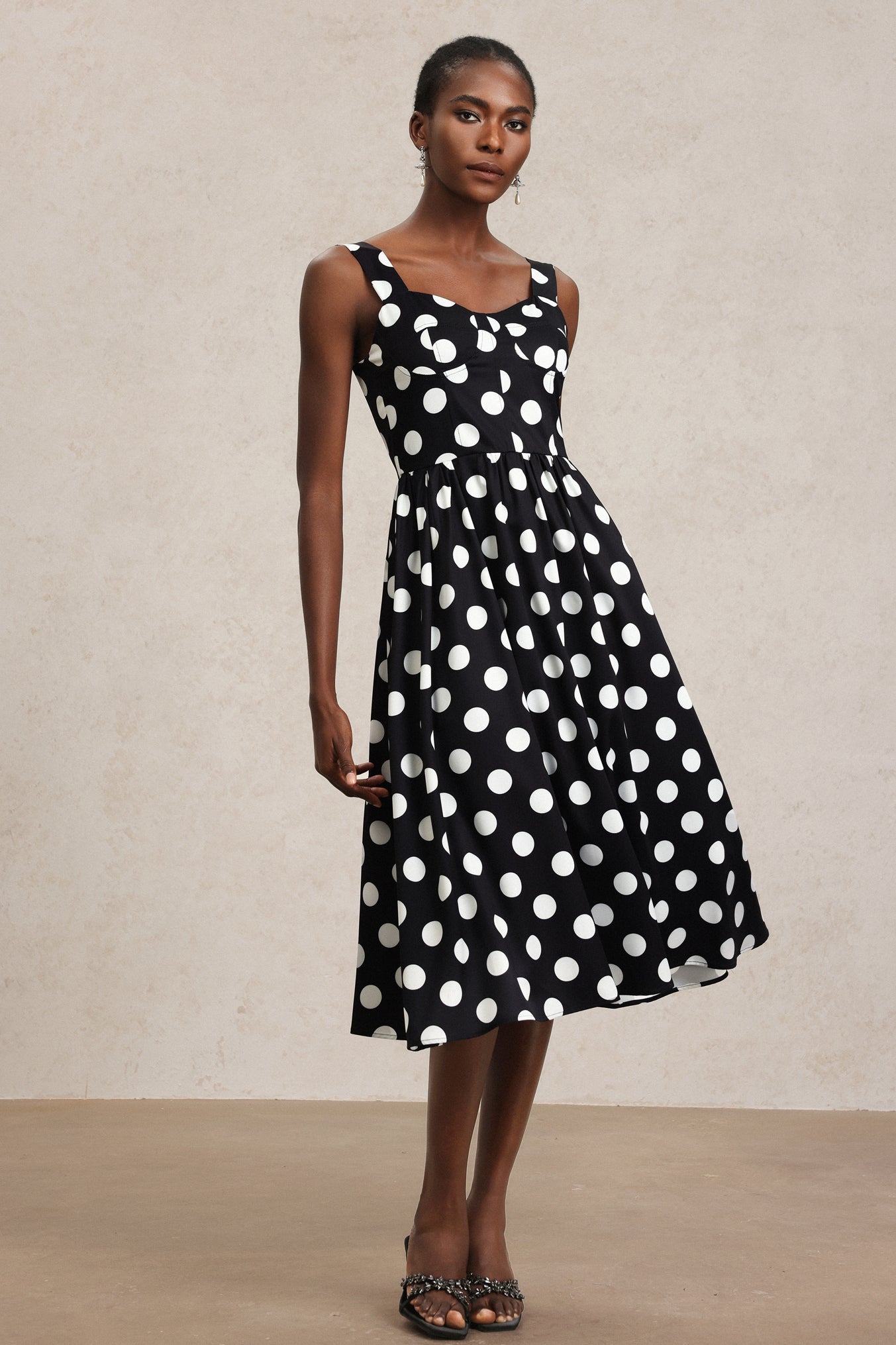 Ester Black Dotted Midi Dress