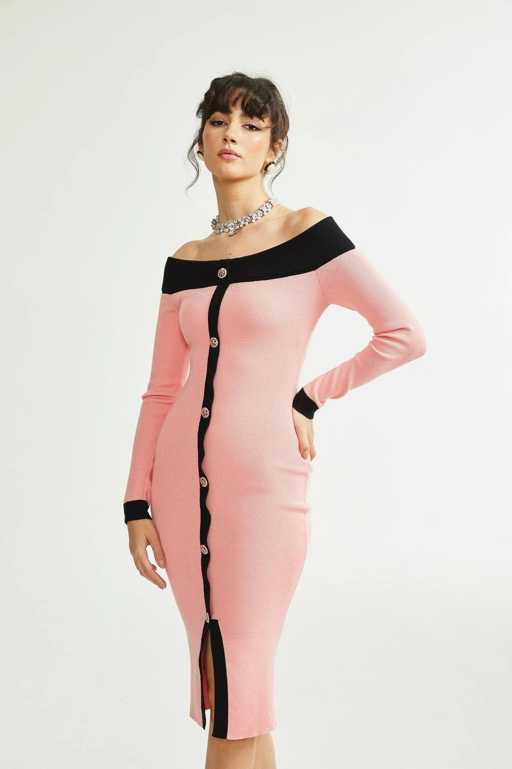Esther Midi Dress - Off the Shoulder - Contrast Colors - Knitted Construction