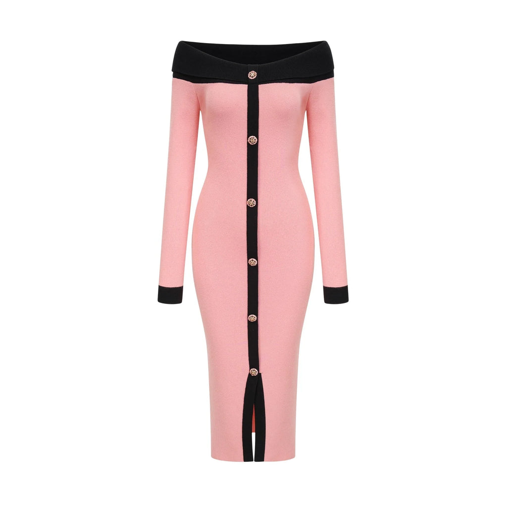Esther Midi Dress - Off the Shoulder - Contrast Colors - Knitted Construction