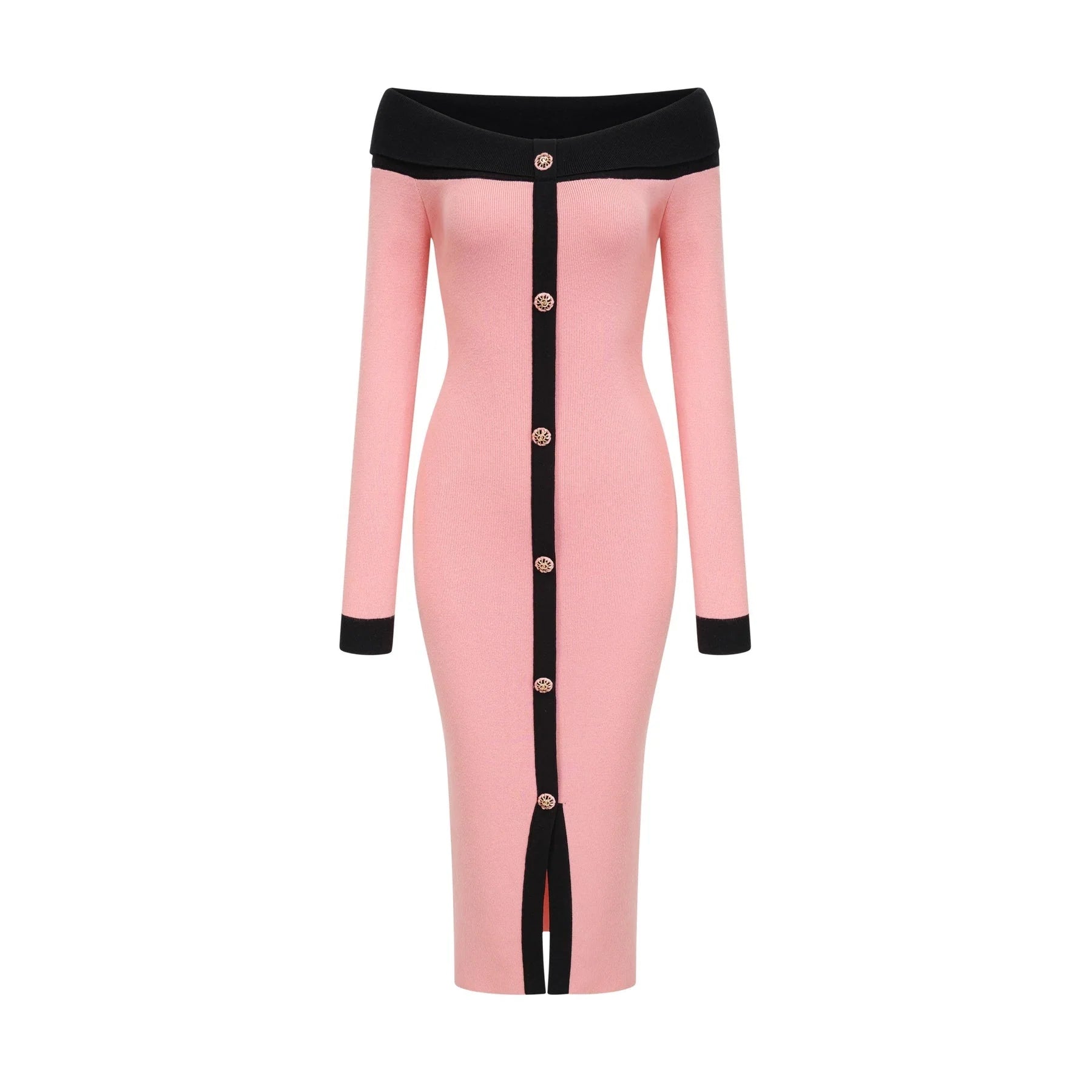 Esther Midi Dress - Off the Shoulder - Contrast Colors - Knitted Construction