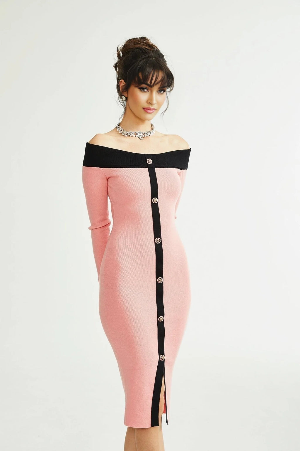 Esther Midi Dress - Off the Shoulder - Contrast Colors - Knitted Construction