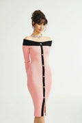 Esther Midi Dress - Off the Shoulder - Contrast Colors - Knitted Construction