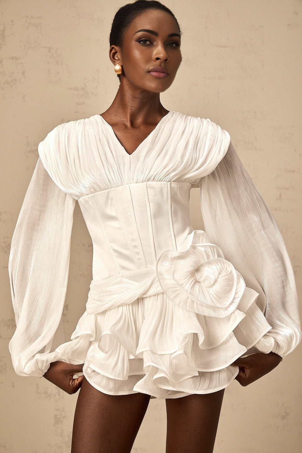 Esther Mini Dress - V Neck Floral Design - Lantern Sleeves - Cinched Waist
