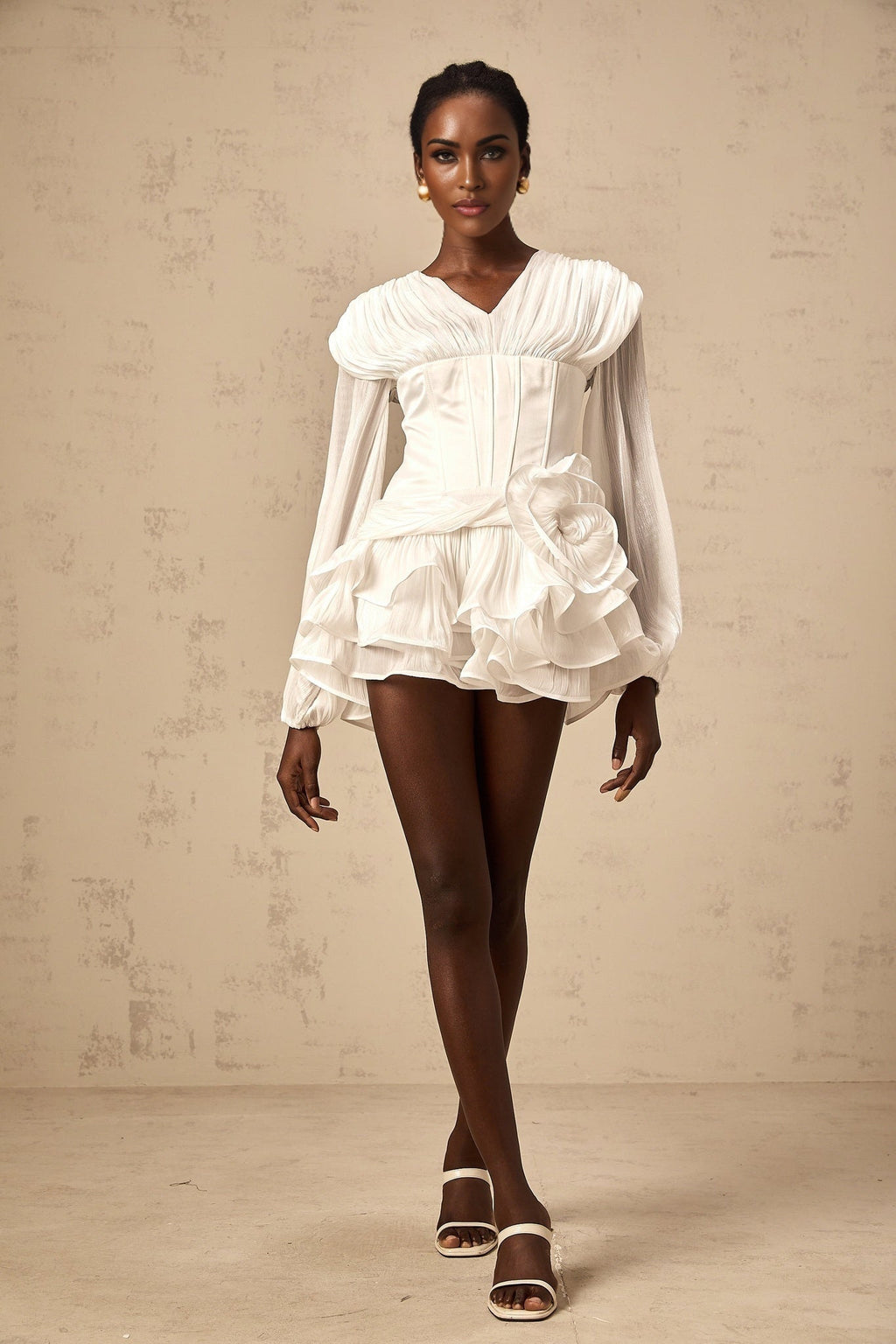 Esther Mini Dress - V Neck Floral Design - Lantern Sleeves - Cinched Waist