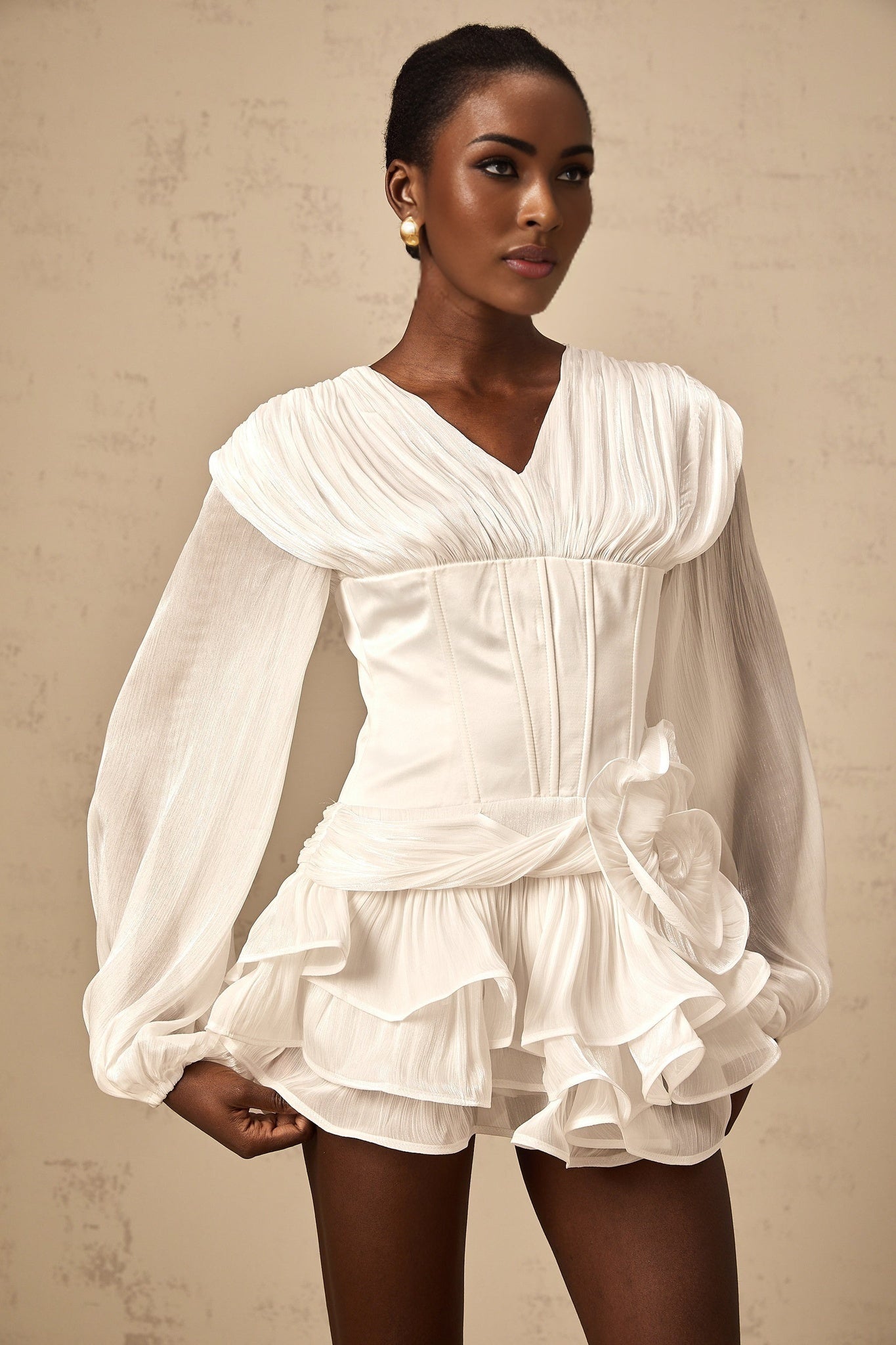 Esther Mini Dress - V Neck Floral Design - Lantern Sleeves - Cinched Waist