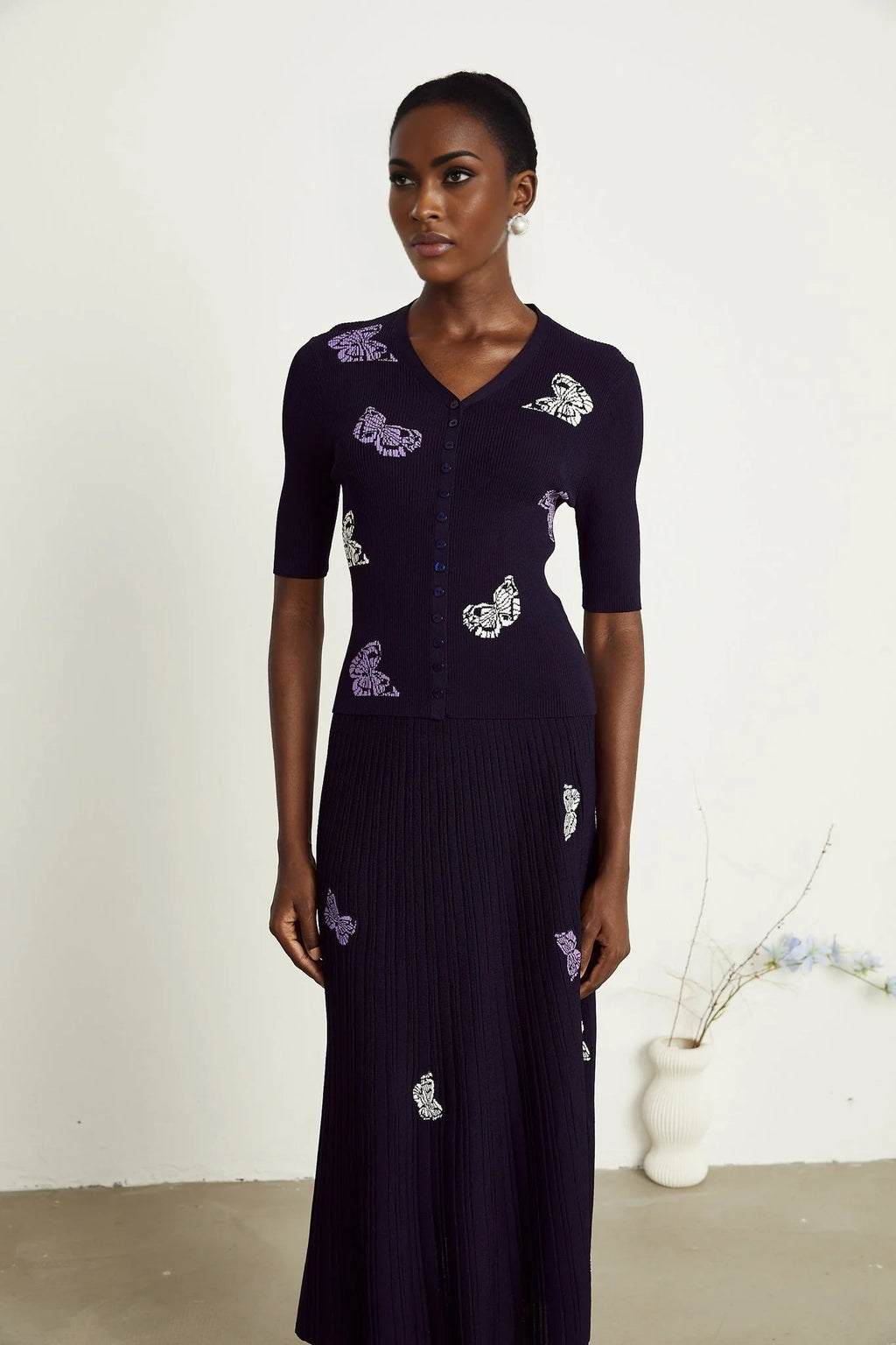 Esther Skirt & Top Set - V - Neck Top - Knitted Construction - Butterfly Pattern - Pleated Calf - Length Skirt
