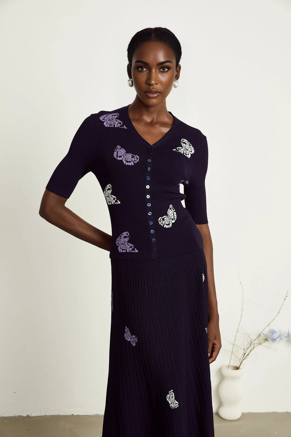 Esther Skirt & Top Set - V - Neck Top - Knitted Construction - Butterfly Pattern - Pleated Calf - Length Skirt