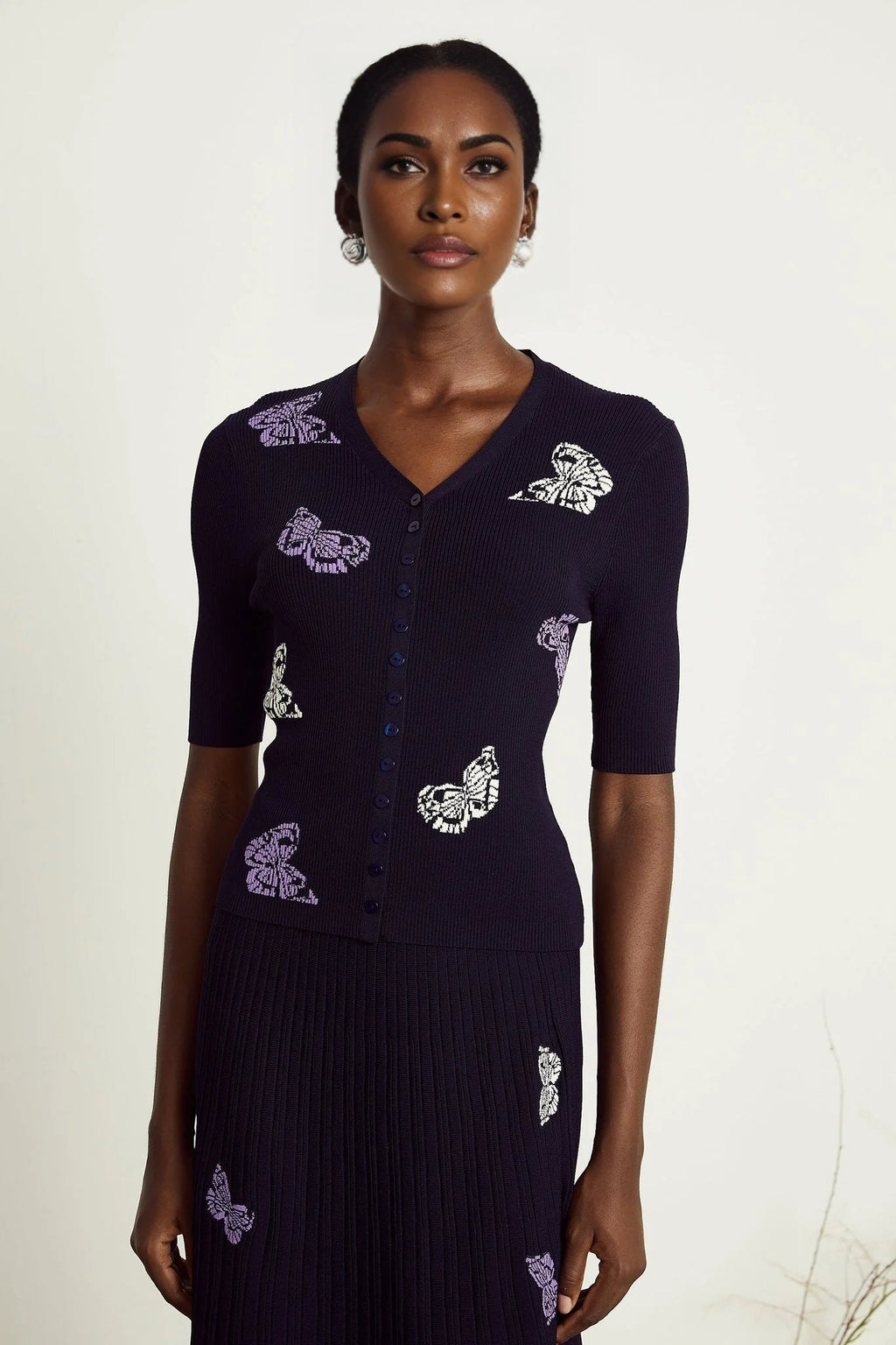 Esther Skirt & Top Set - V - Neck Top - Knitted Construction - Butterfly Pattern - Pleated Calf - Length Skirt