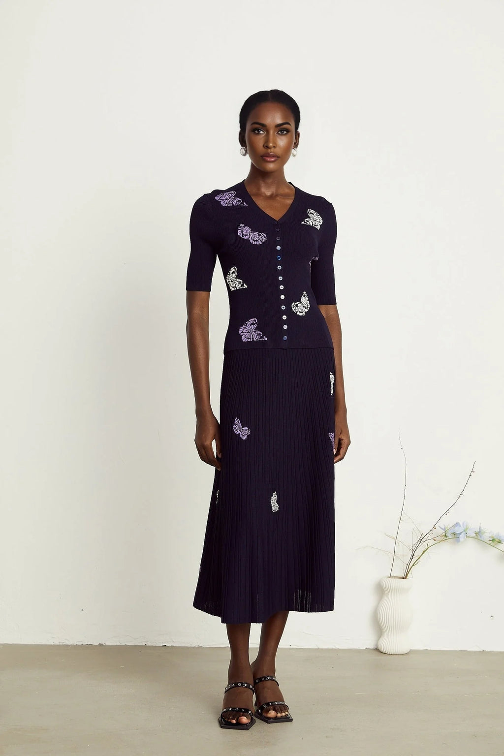 Esther Skirt & Top Set - V - Neck Top - Knitted Construction - Butterfly Pattern - Pleated Calf - Length Skirt