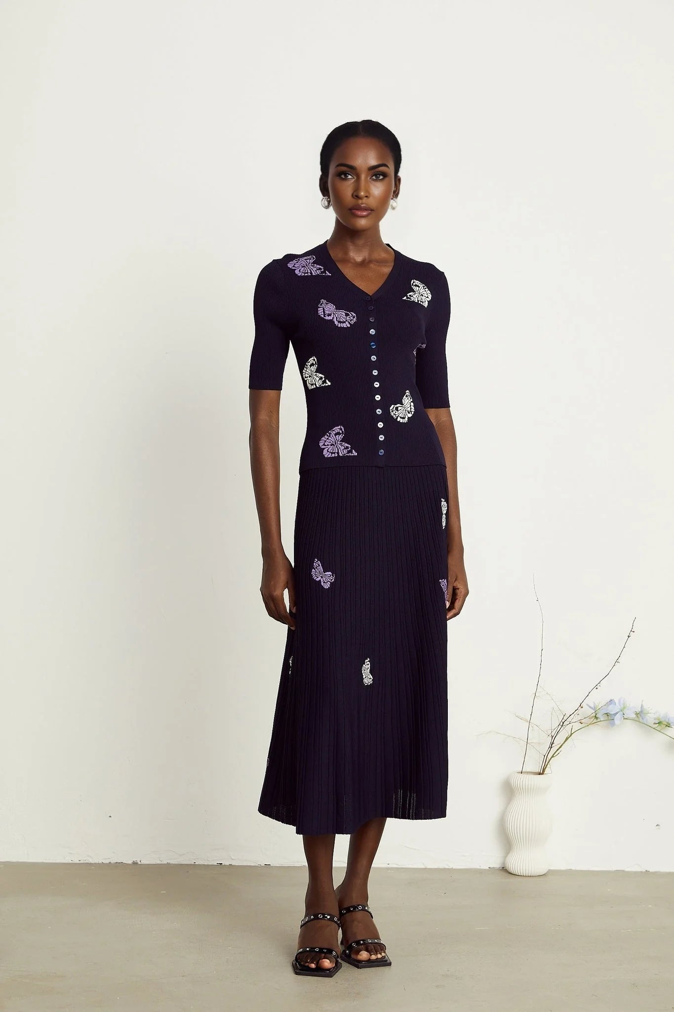 Esther Skirt & Top Set - V - Neck Top - Knitted Construction - Butterfly Pattern - Pleated Calf - Length Skirt