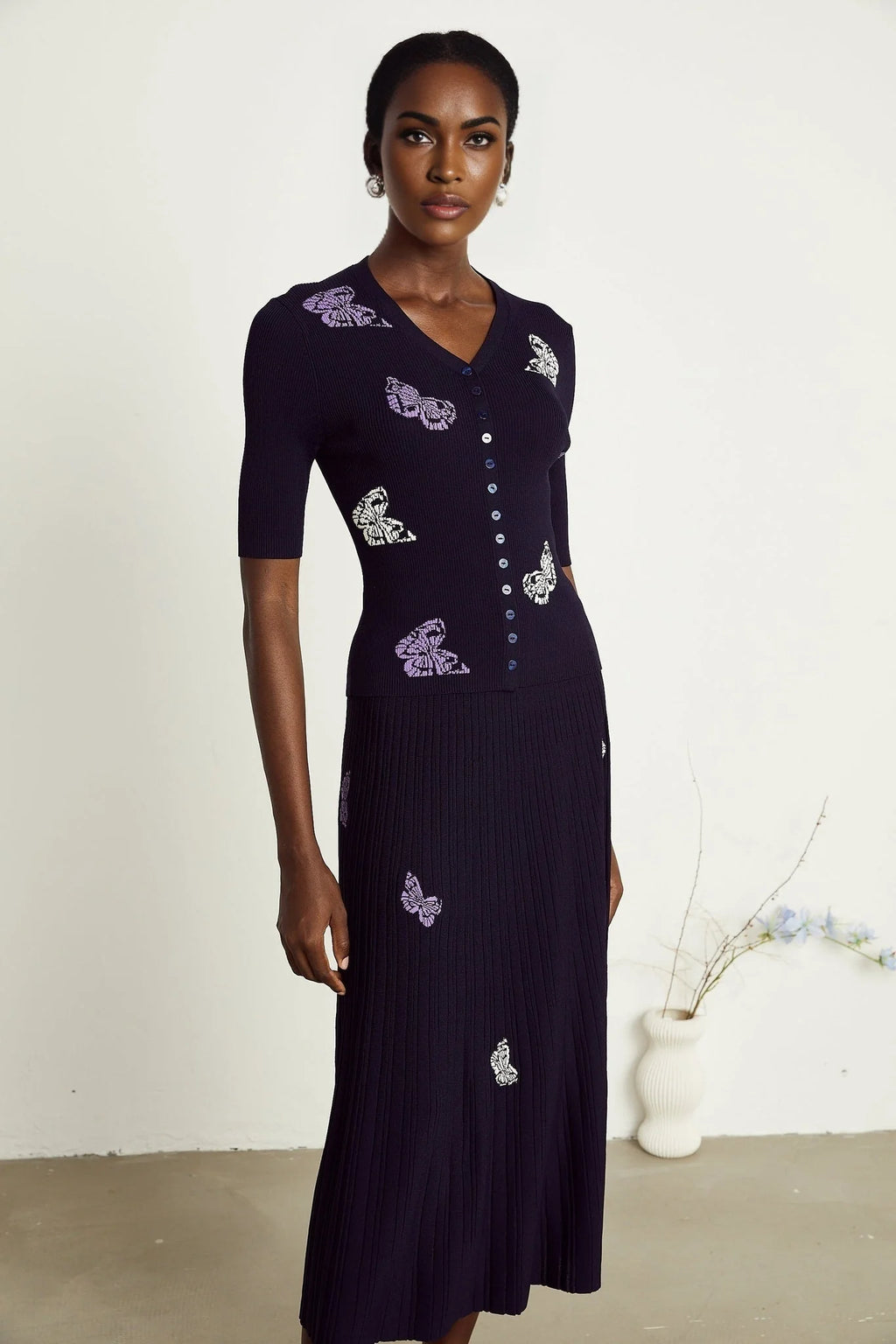 Esther Skirt & Top Set - V - Neck Top - Knitted Construction - Butterfly Pattern - Pleated Calf - Length Skirt