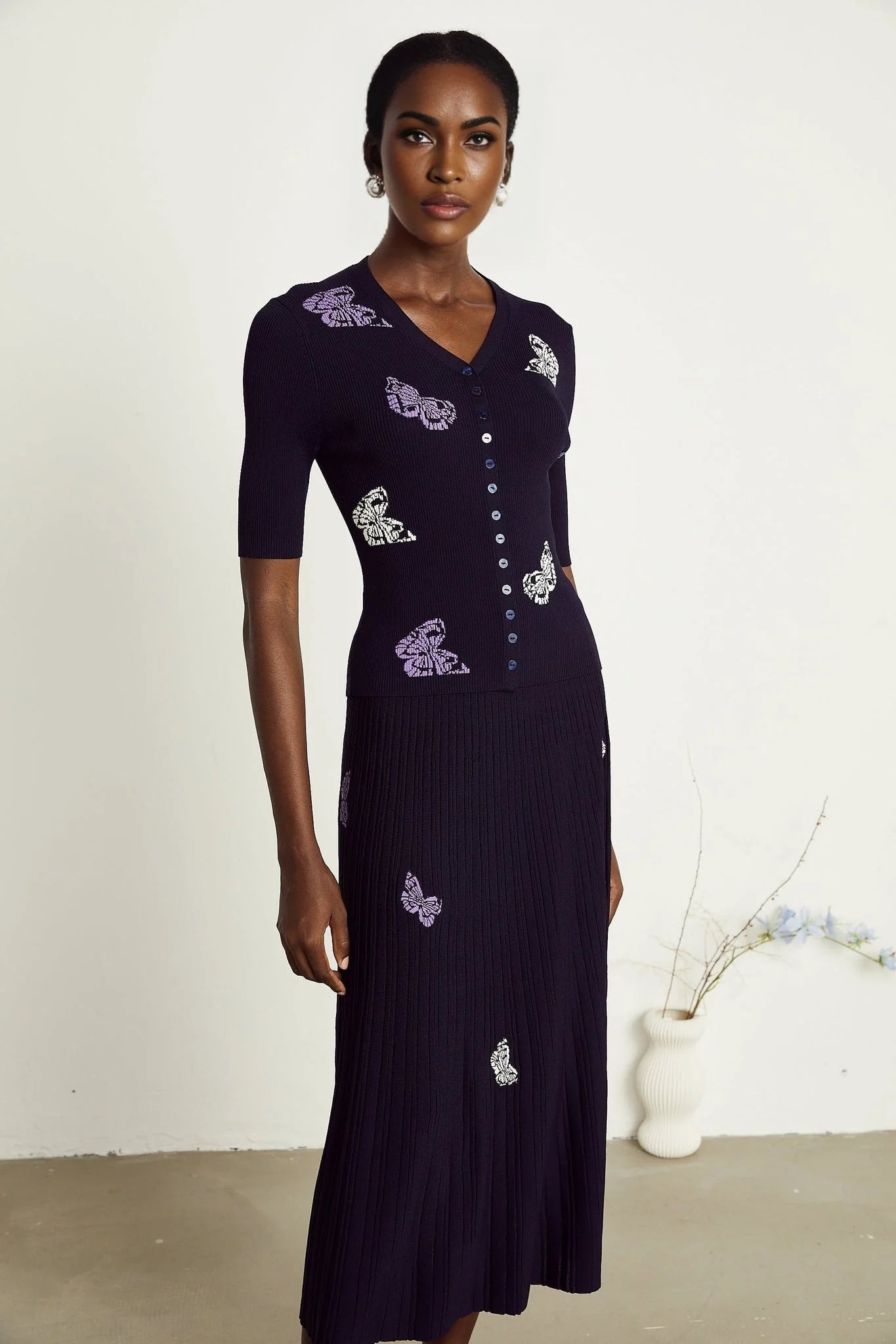 Esther Skirt & Top Set - V - Neck Top - Knitted Construction - Butterfly Pattern - Pleated Calf - Length Skirt