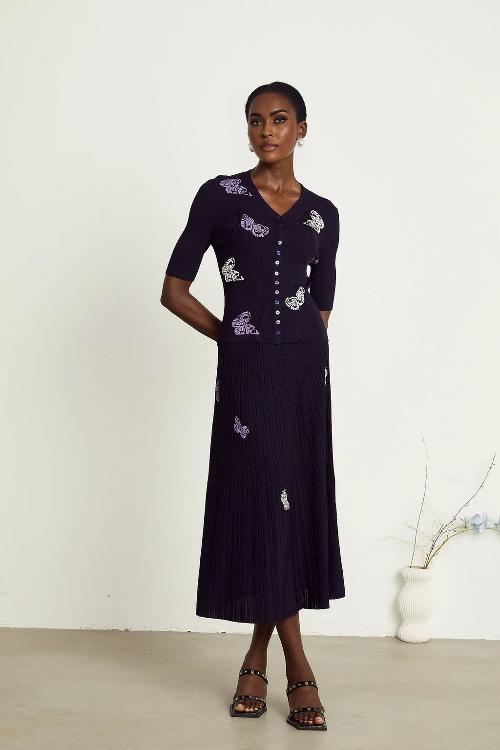 Esther Skirt & Top Set - V - Neck Top - Knitted Construction - Butterfly Pattern - Pleated Calf - Length Skirt