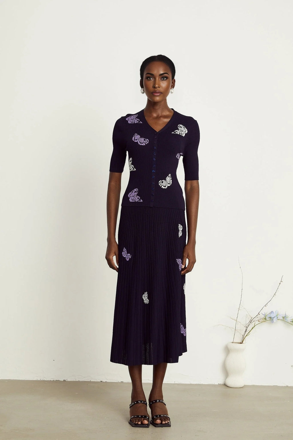 Esther Skirt & Top Set - V - Neck Top - Knitted Construction - Butterfly Pattern - Pleated Calf - Length Skirt