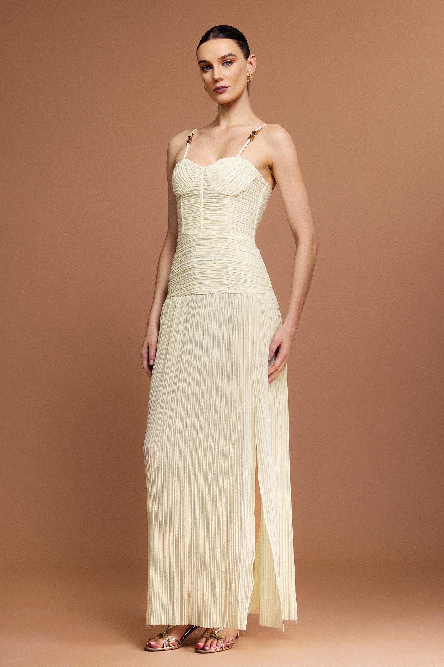 Eulalia Beige Halter Neckline Fishbone Folds Side Slit Dress