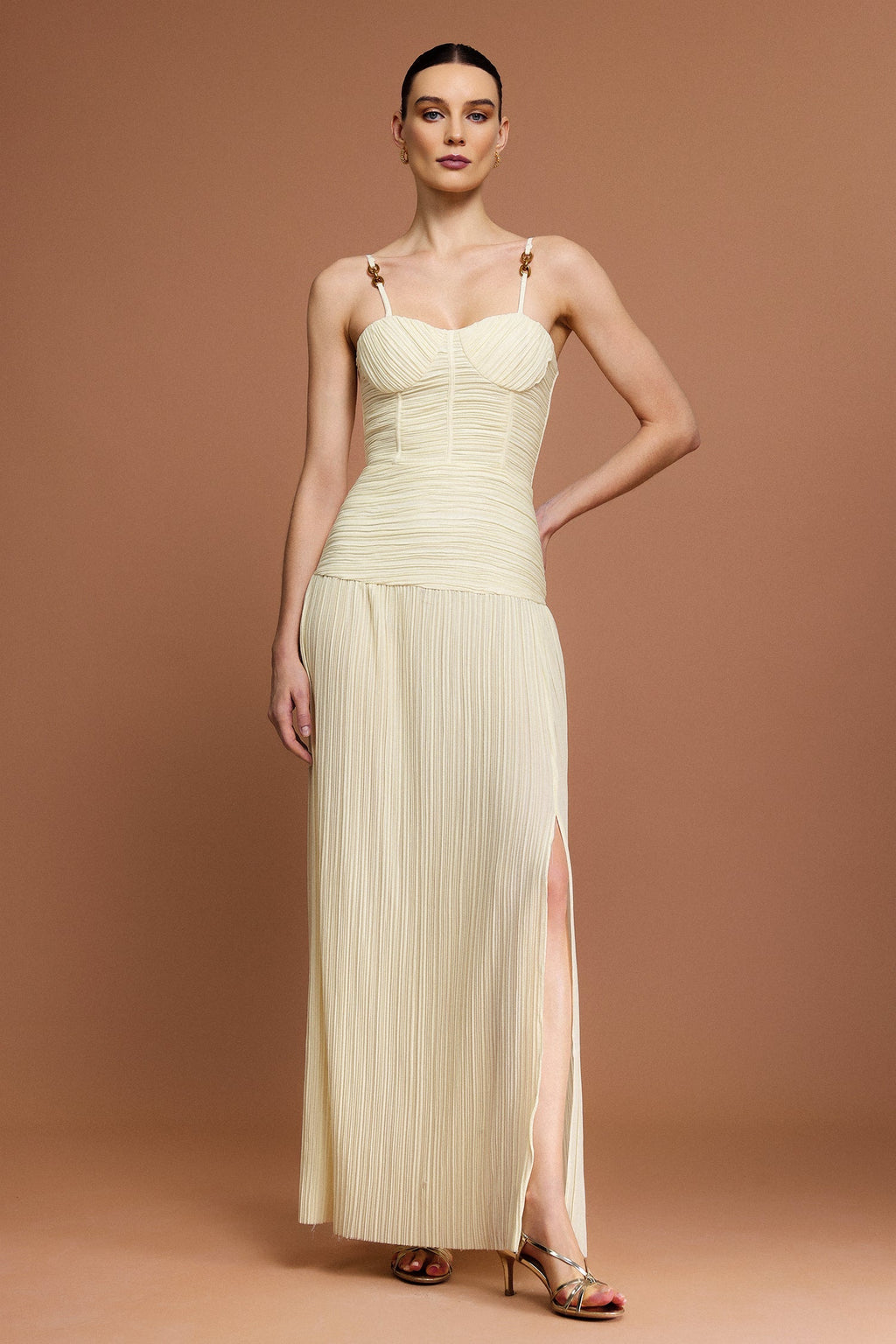 Eulalia Beige Halter Neckline Dress with Fishbone Folds and Side Slit
