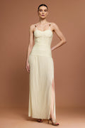 Eulalia Beige Halter Neckline Dress with Fishbone Folds and Side Slit