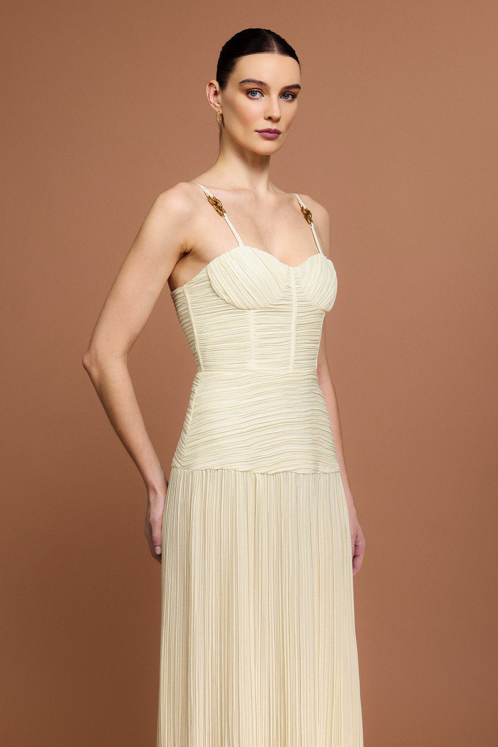 Eulalia Beige Halter Neckline Fishbone Folds Side Slit Dress