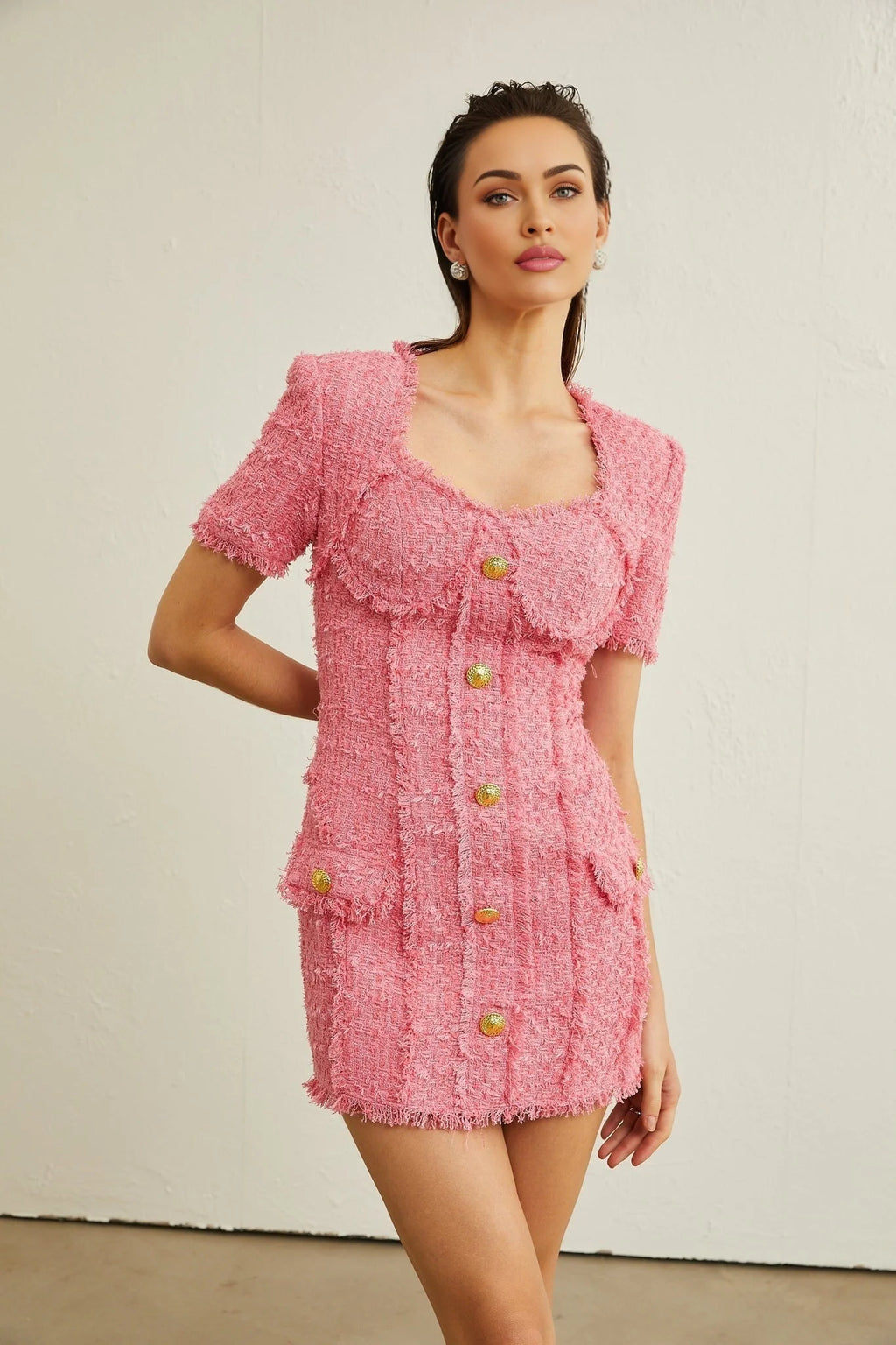 Eulalia Mini Dress - Sweetheart Neckline - Short Sleeves - Front Flap Pockets - tone Buttons