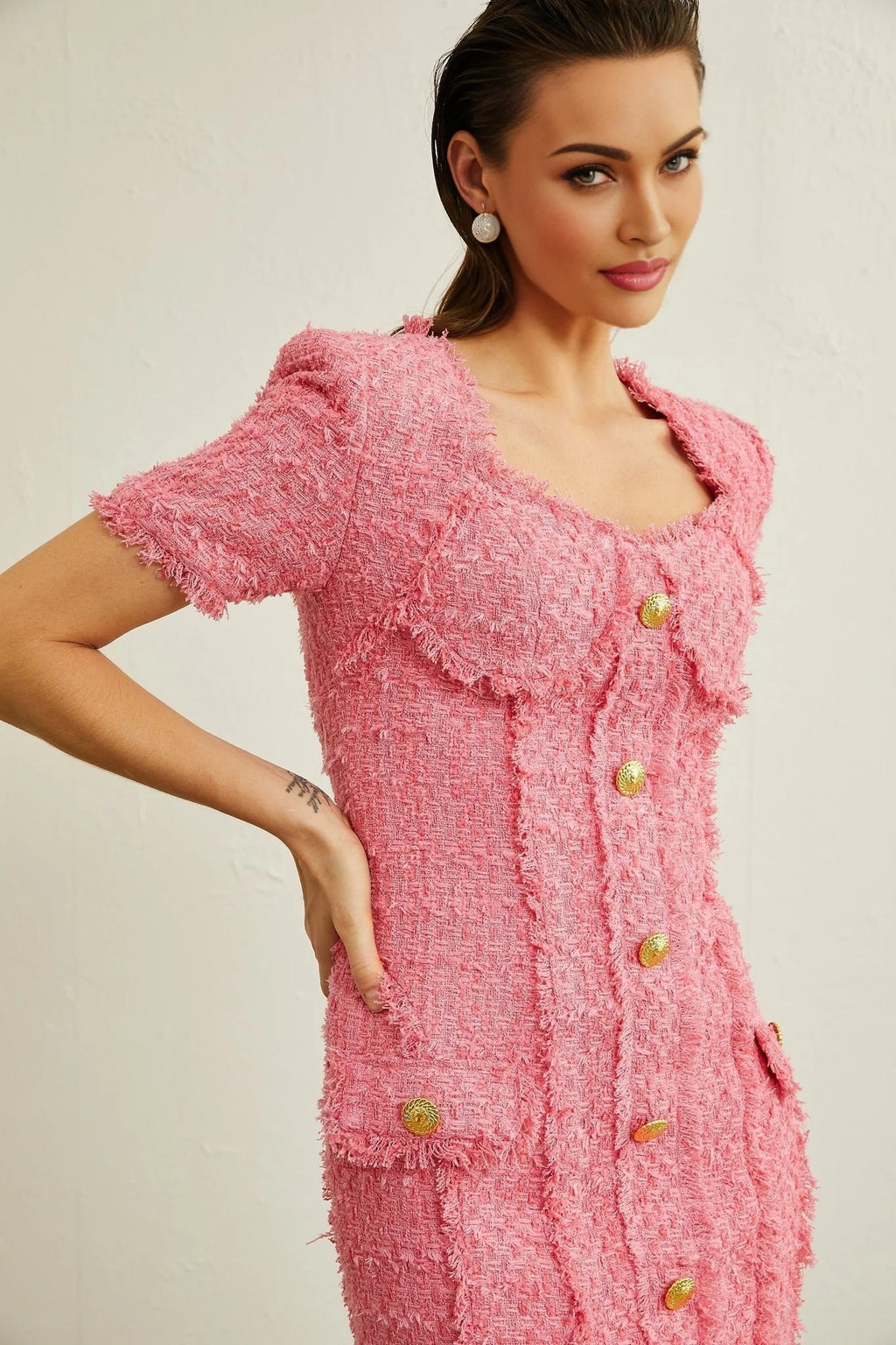 Eulalia Mini Dress - Sweetheart Neckline - Short Sleeves - Front Flap Pockets - tone Buttons
