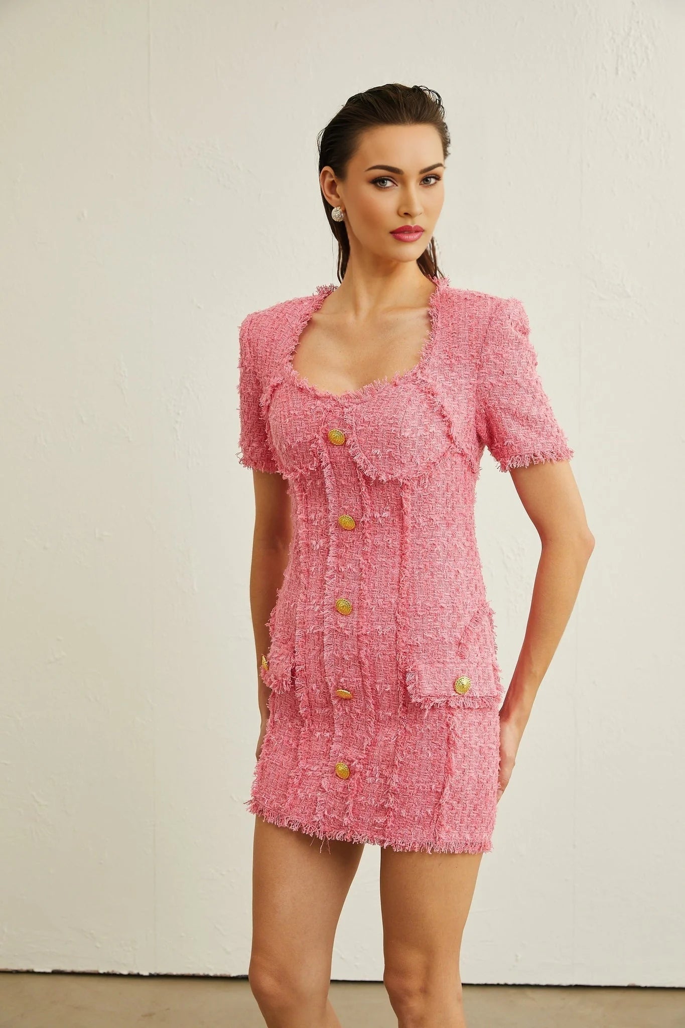 Eulalia Mini Dress - Sweetheart Neckline - Short Sleeves - Front Flap Pockets - tone Buttons