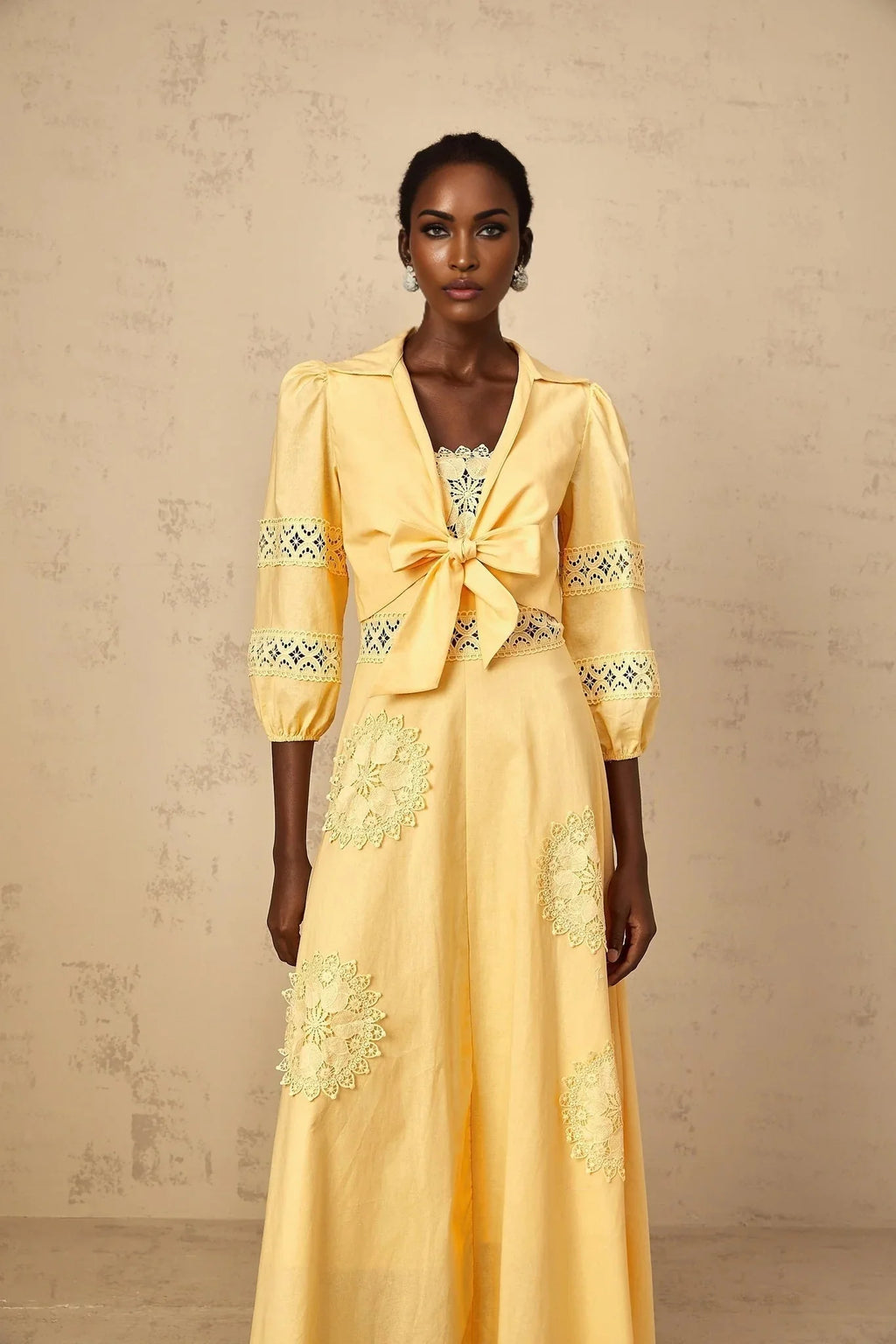 Evelyn Blouse & Dress Set with Lace Details in Yellow