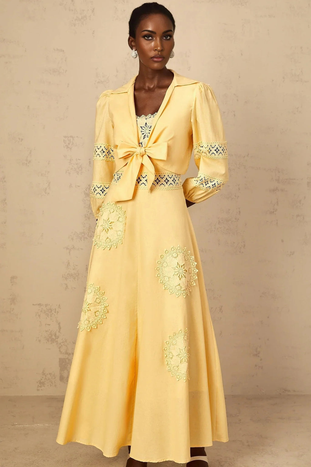 Evelyn Blouse & Dress Set with Lace Details in Yellow