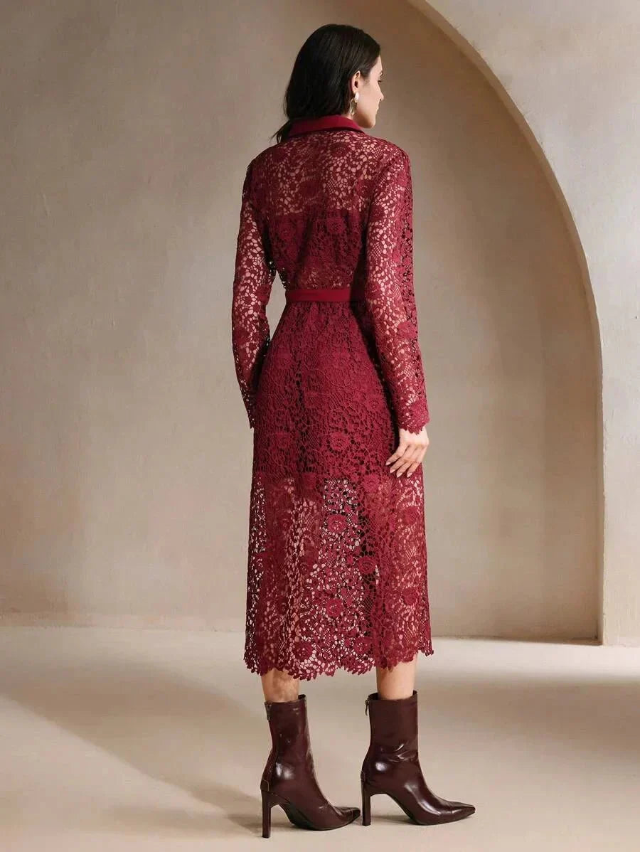 Evelyn Midi Dress - Neckline Collar - Elegant Style - High Waist - Long Sleeve - Color