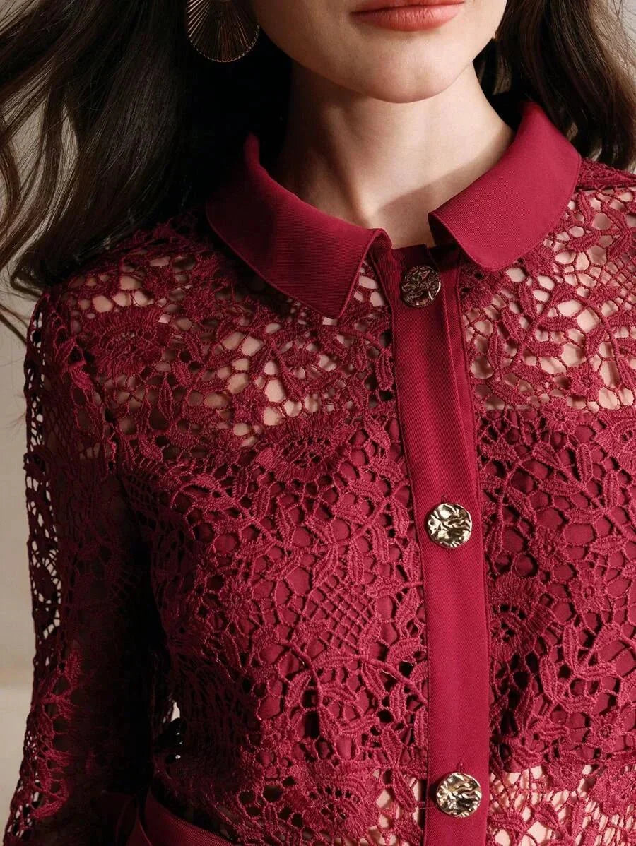 Evelyn Midi Dress - Neckline Collar - Elegant Style - High Waist - Long Sleeve - Color