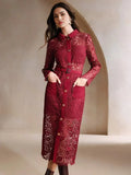 Evelyn Midi Dress - Neckline Collar - Elegant Style - High Waist - Long Sleeve - Color