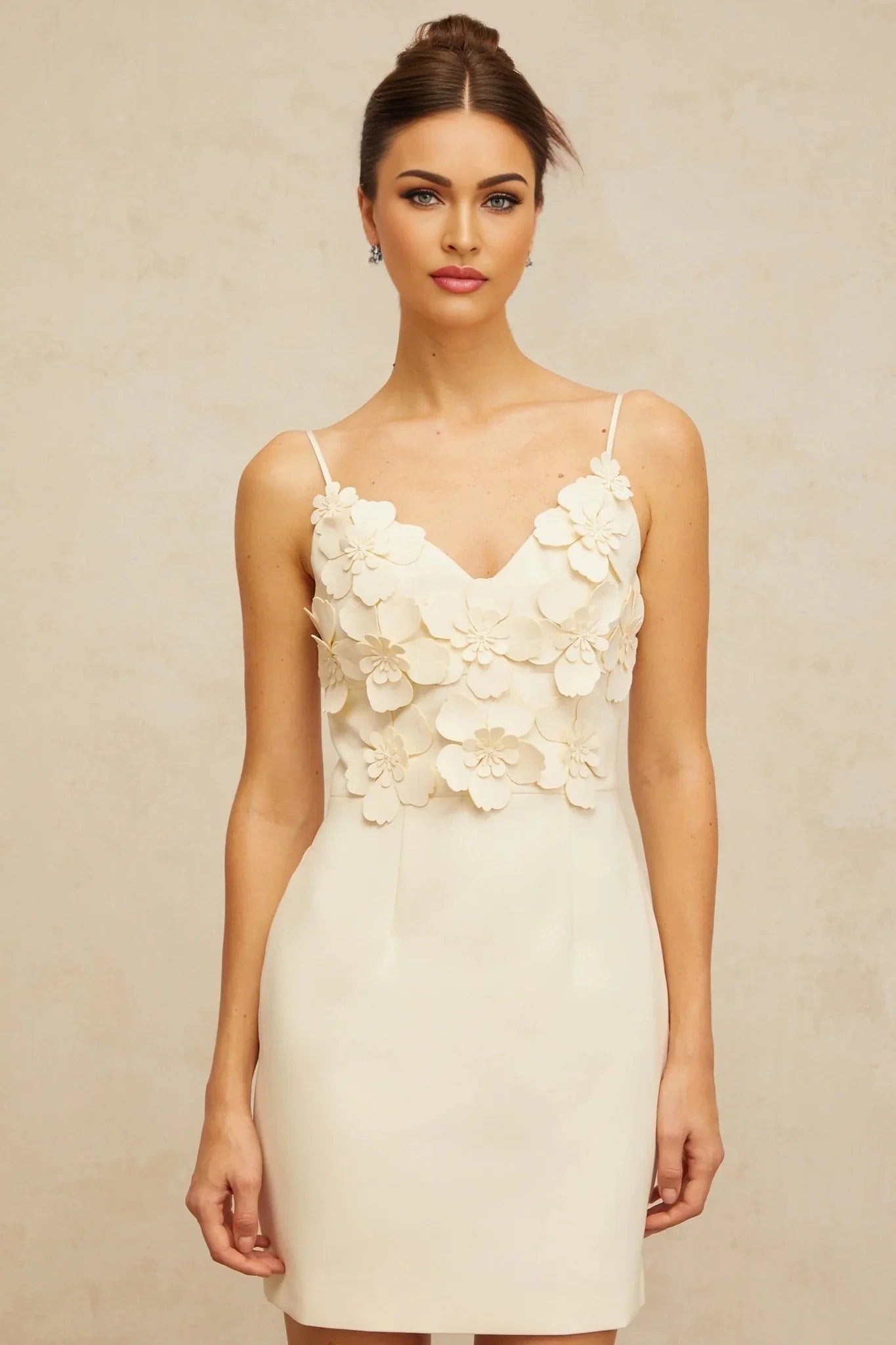 Evelyn Mini Dress White 3D - Petal V - Neck & Cinched Waist