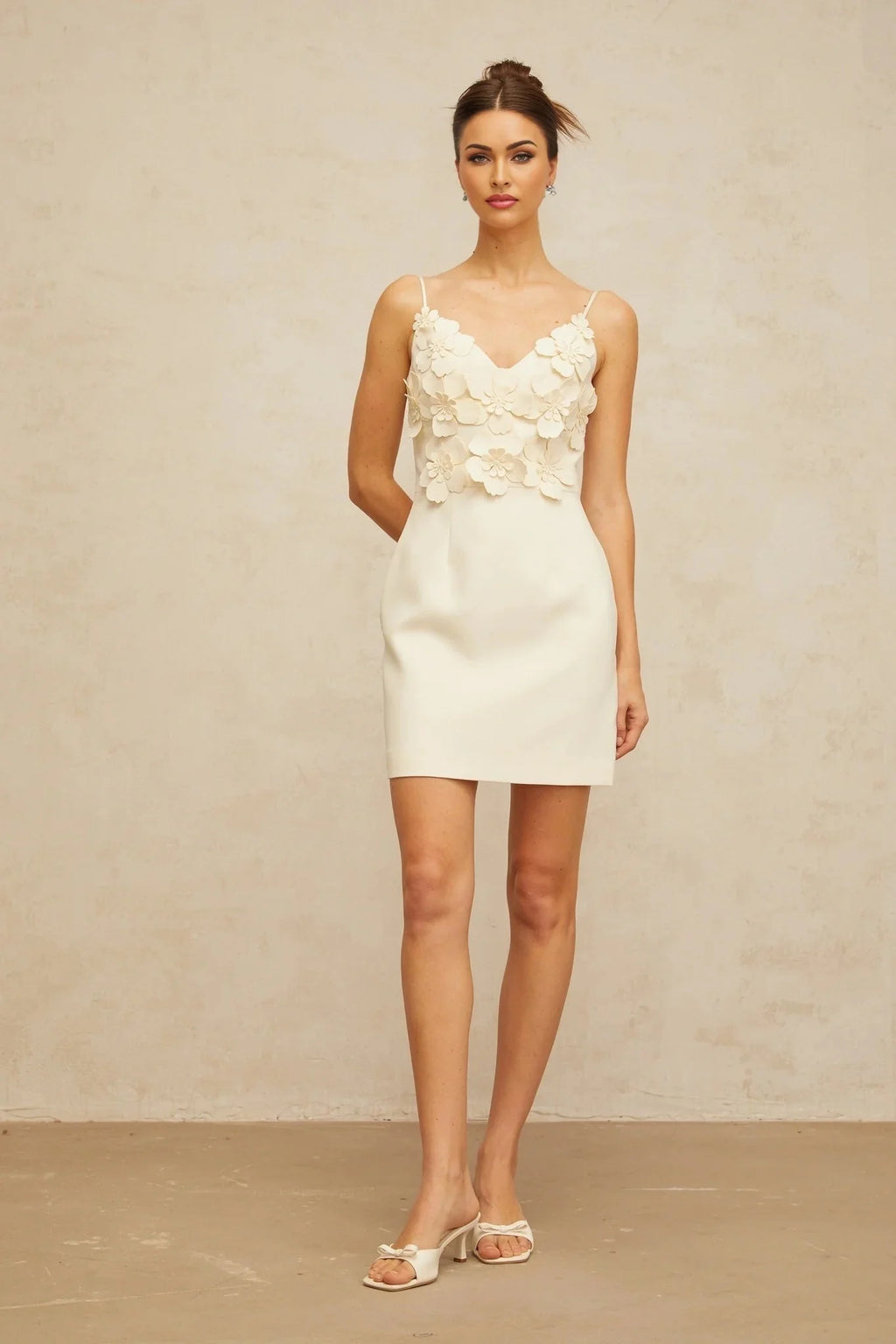 Evelyn Mini Dress White 3D - Petal V - Neck & Cinched Waist