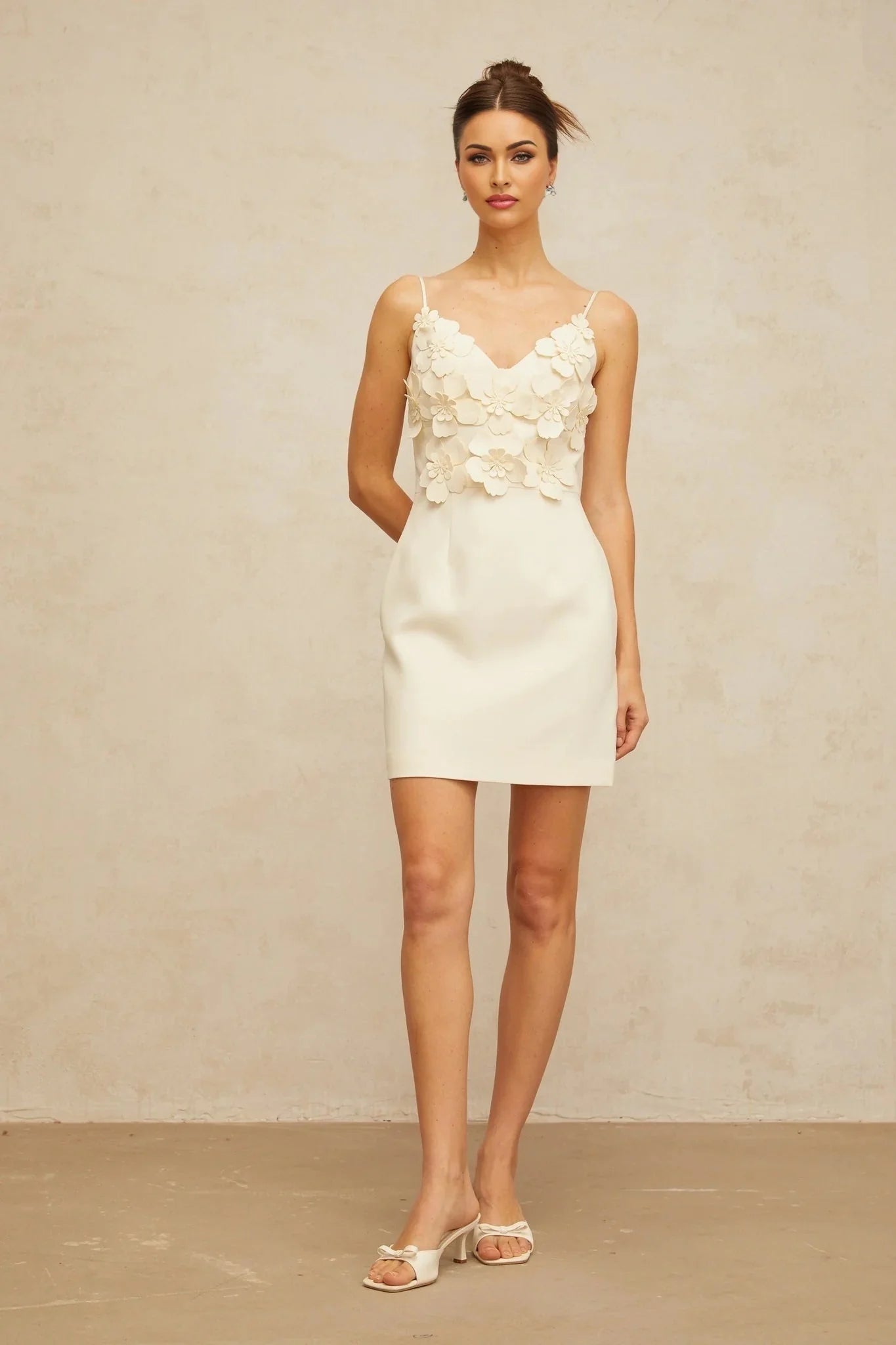 Evelyn Mini Dress White 3D - Petal V - Neck & Cinched Waist