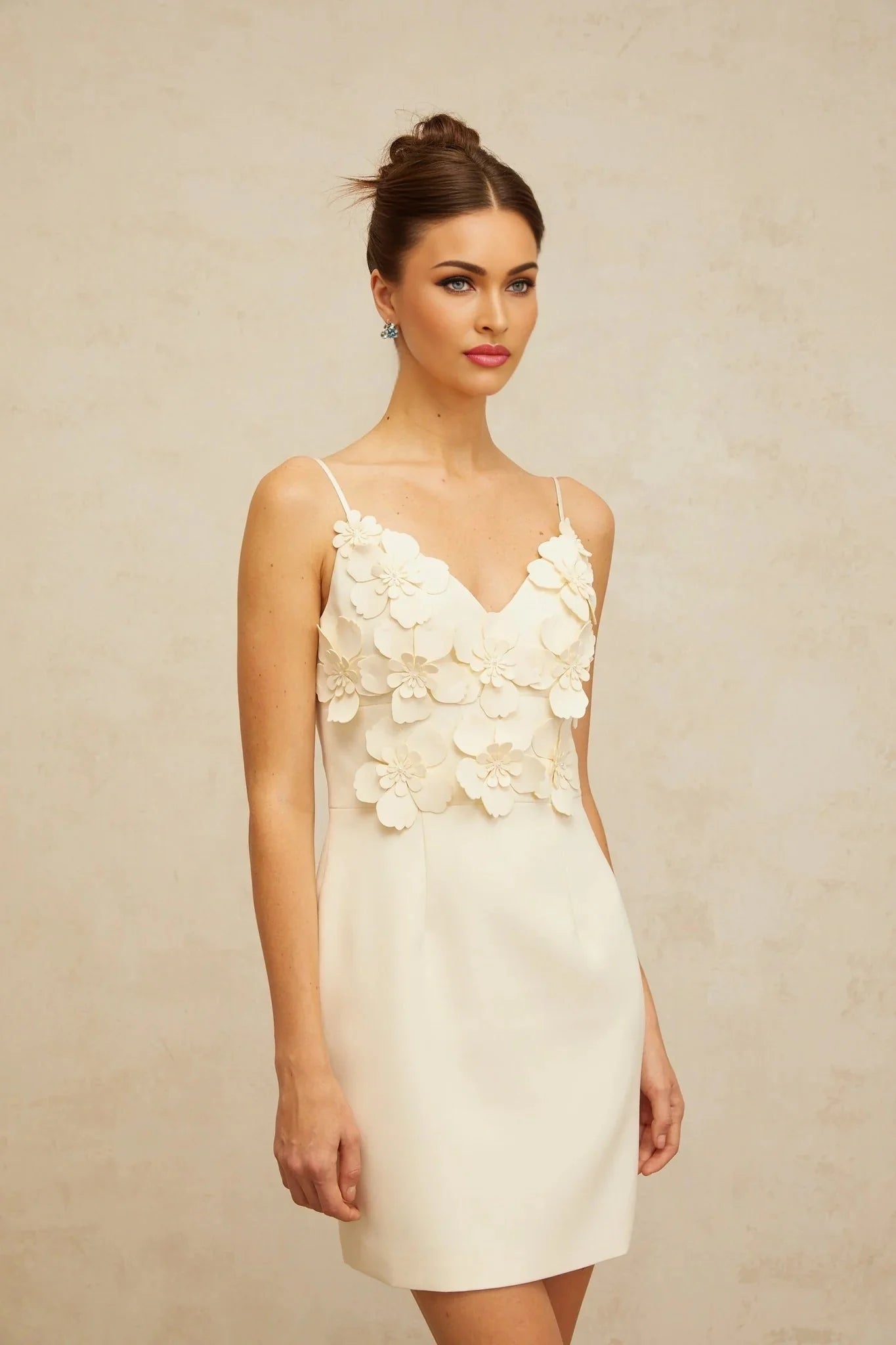 Evelyn Mini Dress White 3D - Petal V - Neck & Cinched Waist