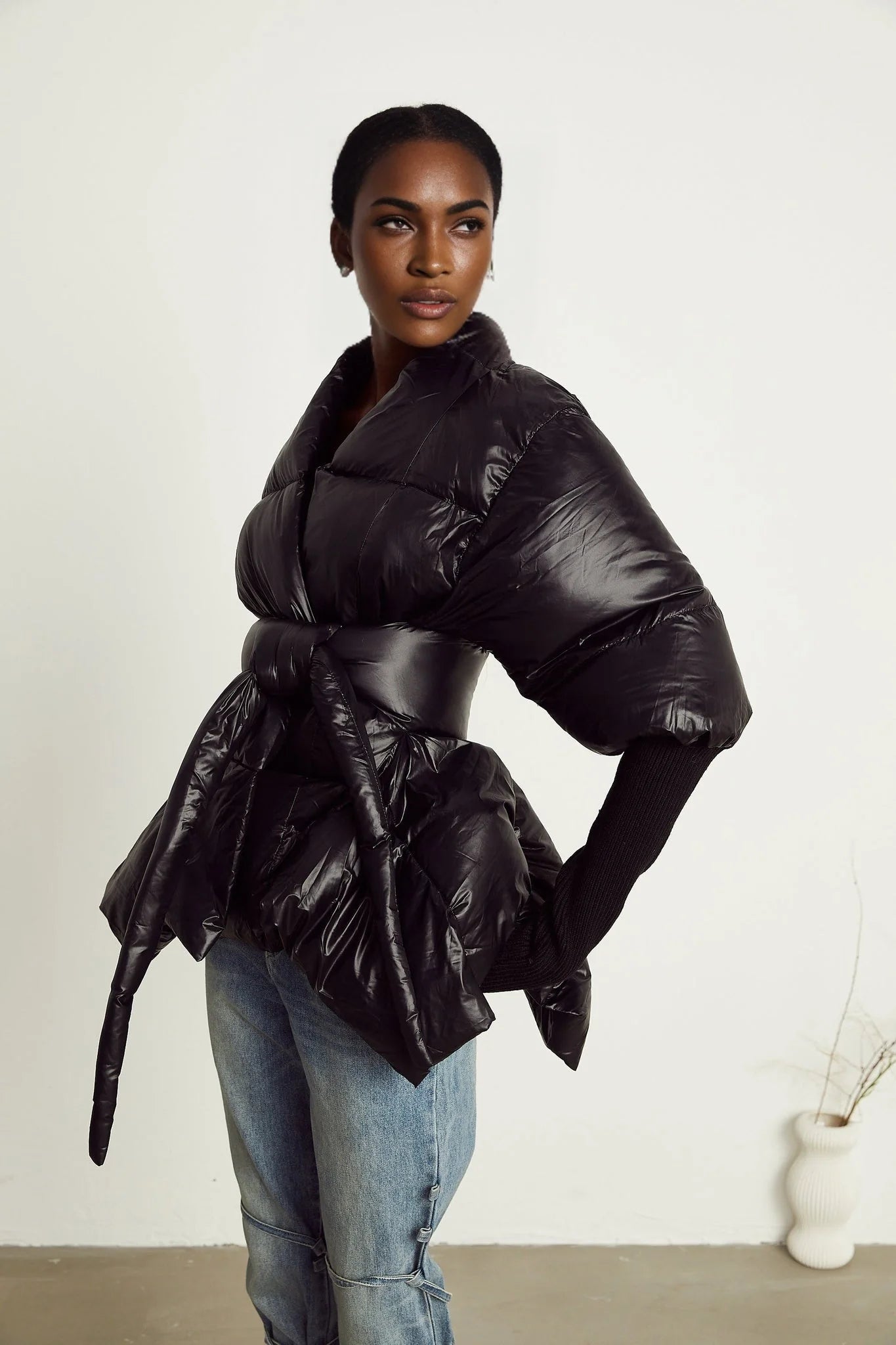 Everleigh Jacket - Padded Design - Knitted Panels - Belted Waist - Asymmetric Hem