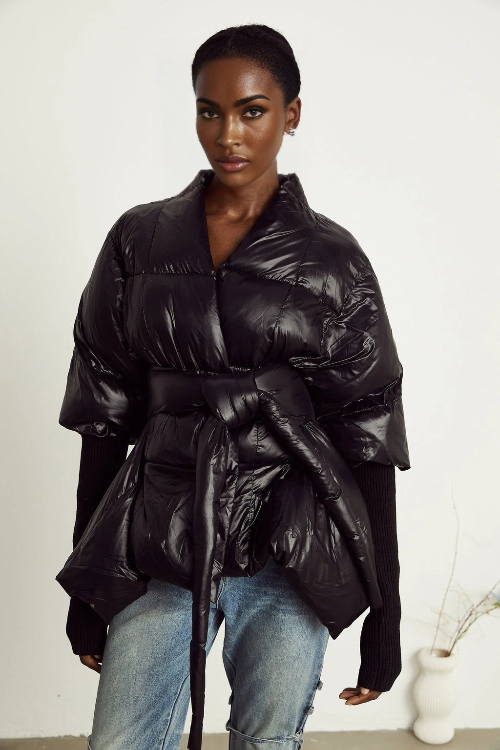 Everleigh Jacket - Padded Design - Knitted Panels - Belted Waist - Asymmetric Hem