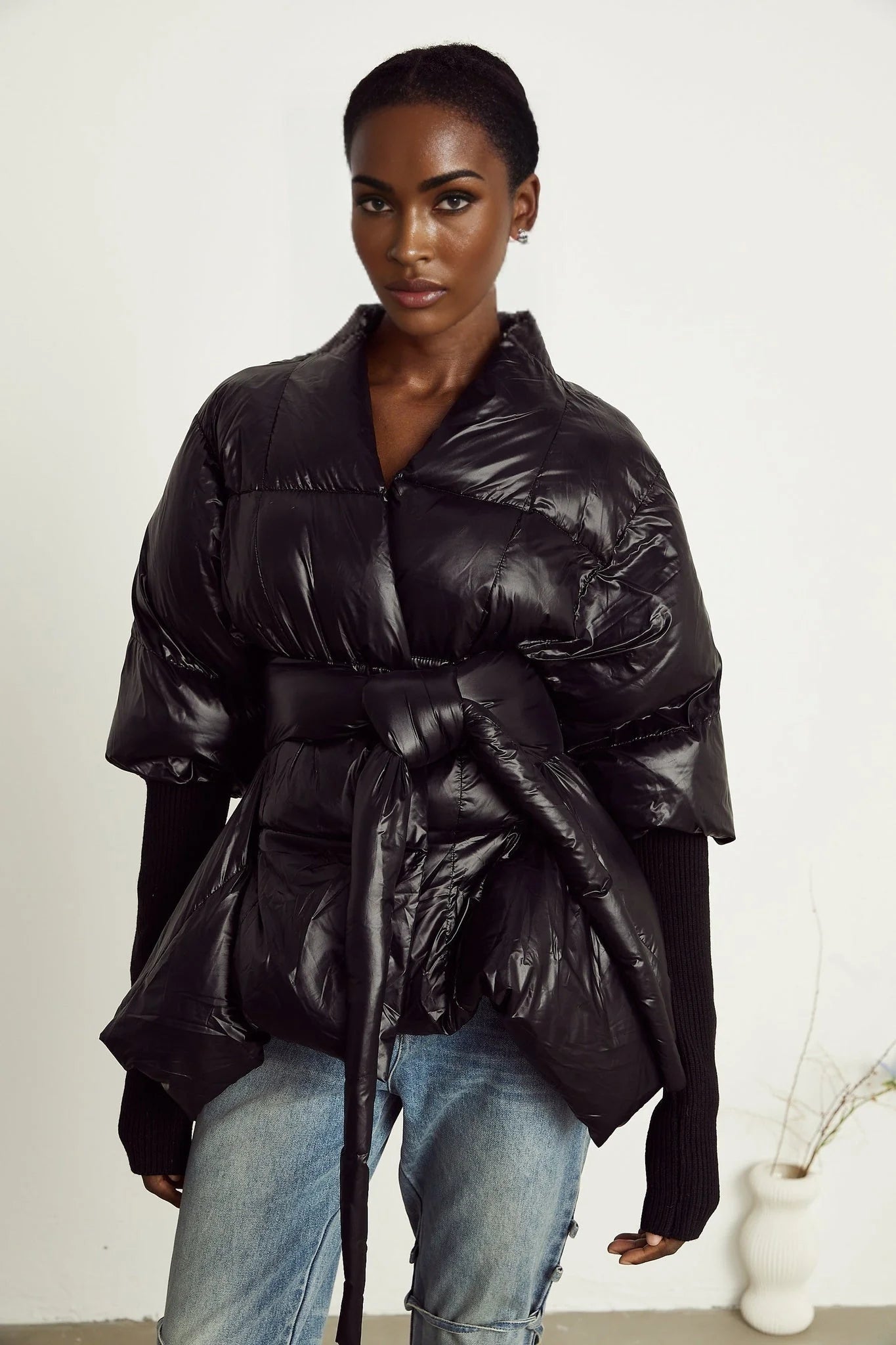 Everleigh Jacket - Padded Design - Knitted Panels - Belted Waist - Asymmetric Hem