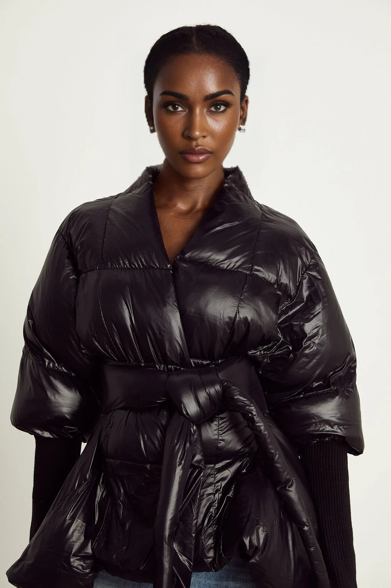 Everleigh Jacket - Padded Design - Knitted Panels - Belted Waist - Asymmetric Hem