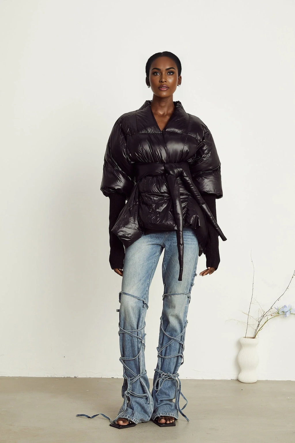 Everleigh Jacket - Padded Design - Knitted Panels - Belted Waist - Asymmetric Hem