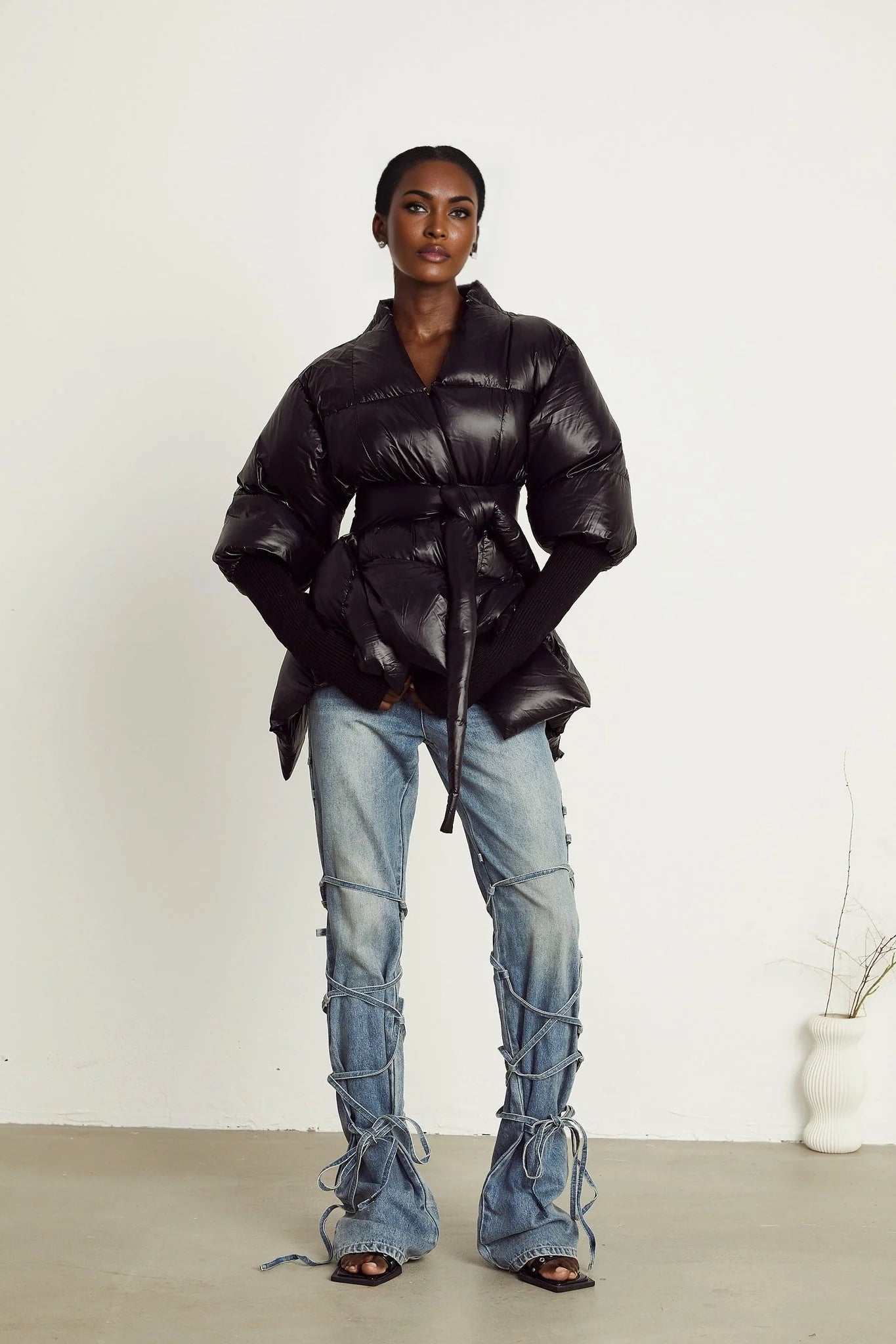 Everleigh Jacket - Padded Design - Knitted Panels - Belted Waist - Asymmetric Hem