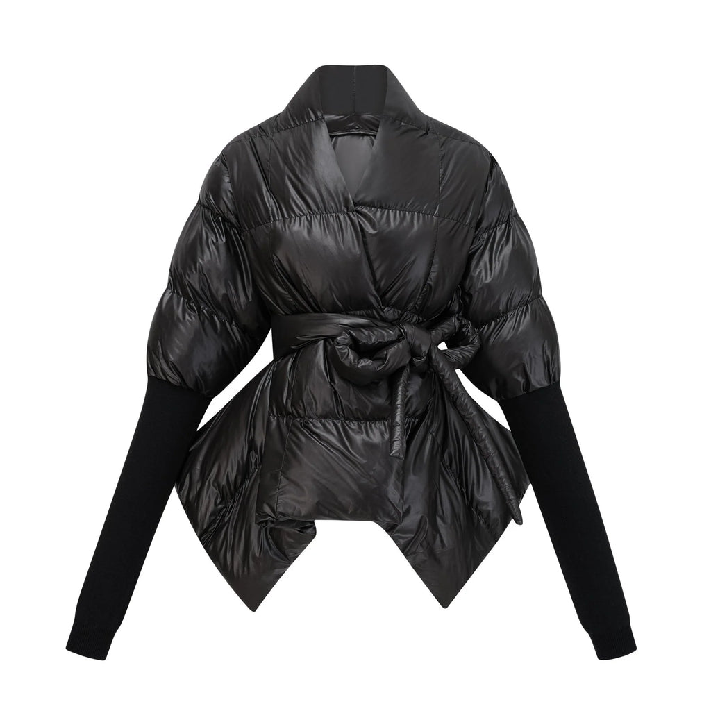 Everleigh Jacket - Padded Design - Knitted Panels - Belted Waist - Asymmetric Hem