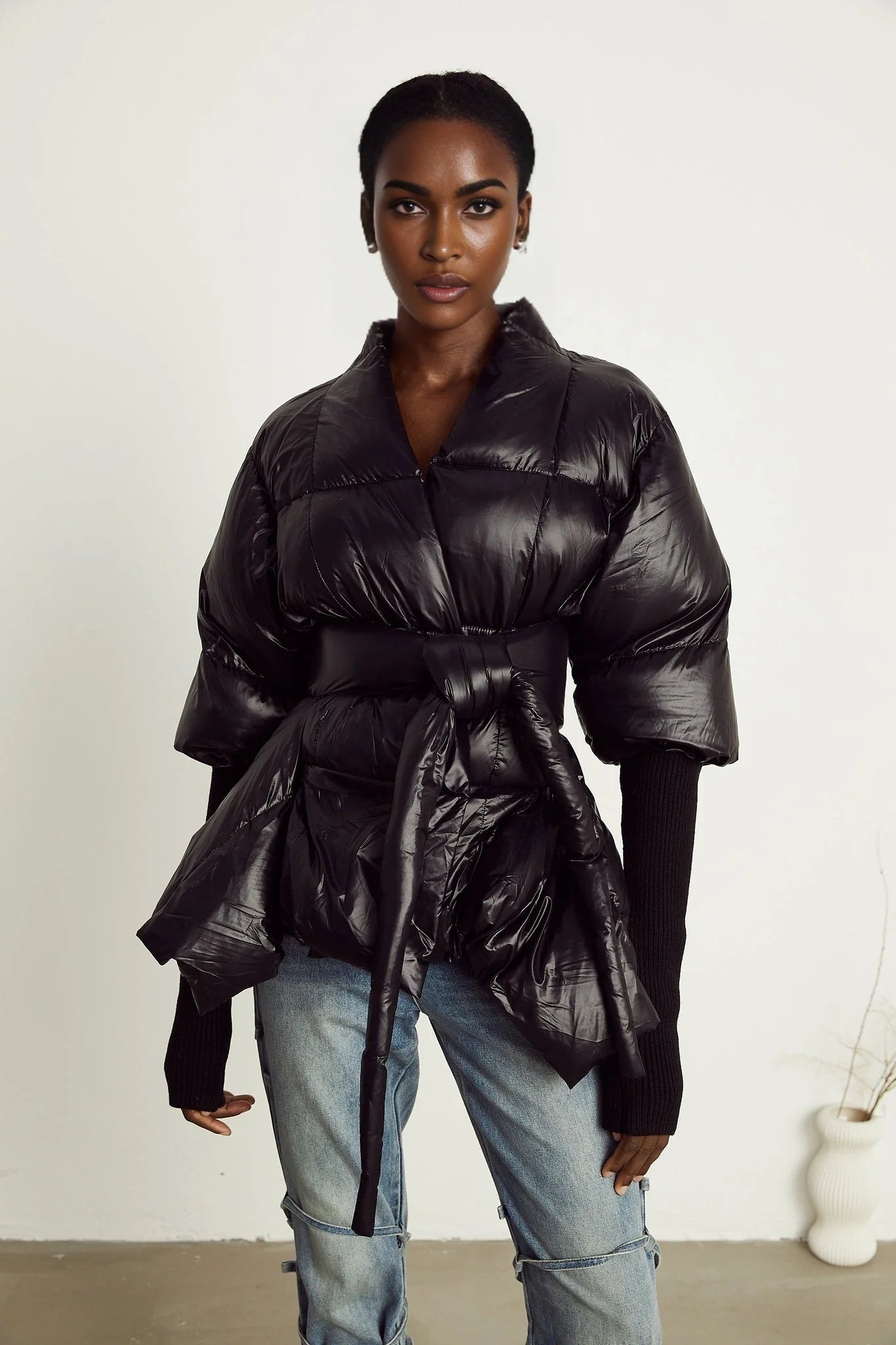 Everleigh Jacket - Padded Design - Knitted Panels - Belted Waist - Asymmetric Hem