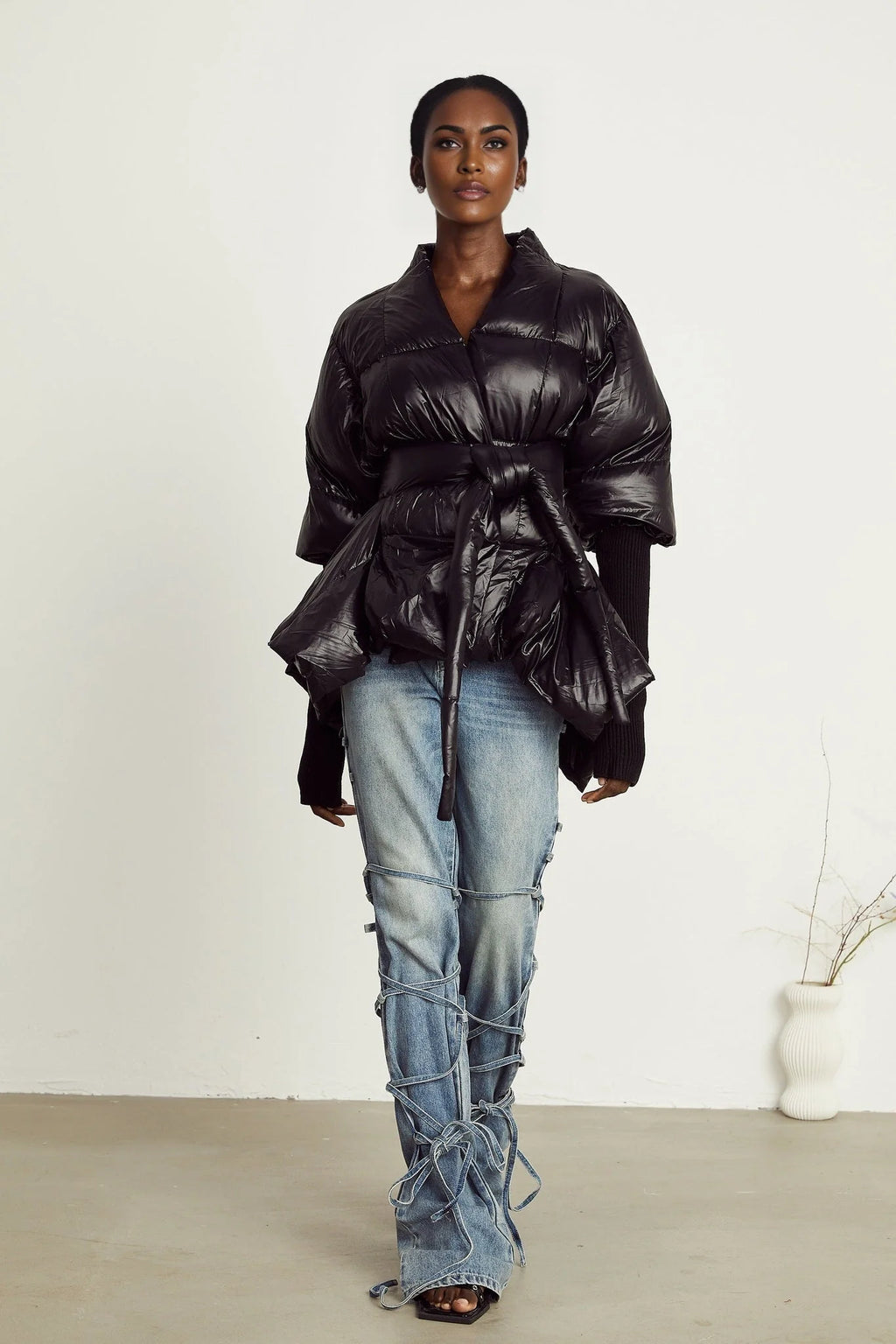 Everleigh Jacket - Padded Design - Knitted Panels - Belted Waist - Asymmetric Hem