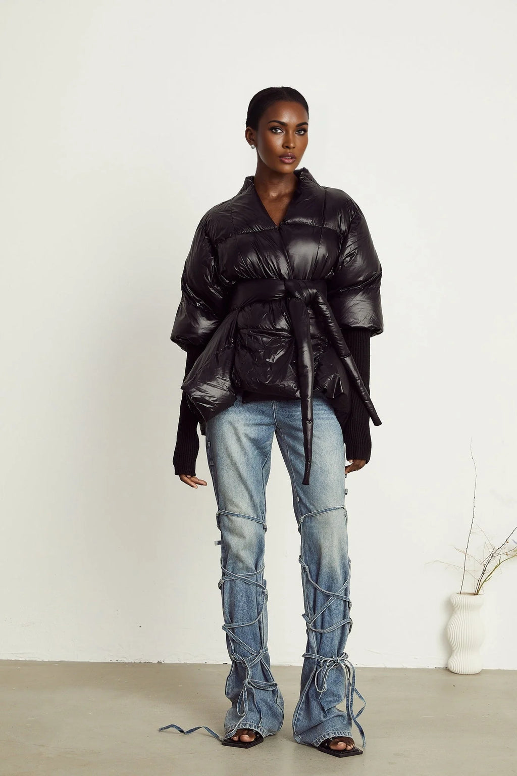 Everleigh Jacket - Padded Design - Knitted Panels - Belted Waist - Asymmetric Hem