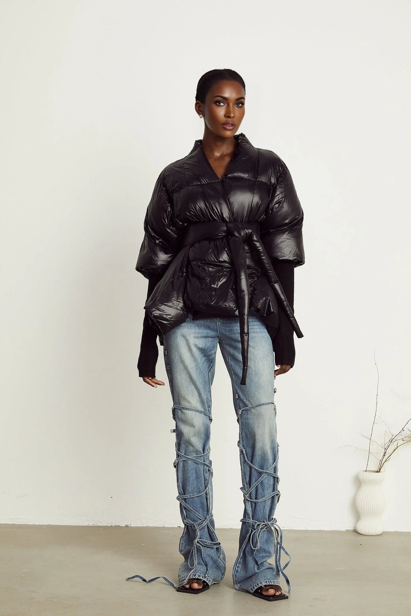 Everleigh Jacket - Padded Design - Knitted Panels - Belted Waist - Asymmetric Hem