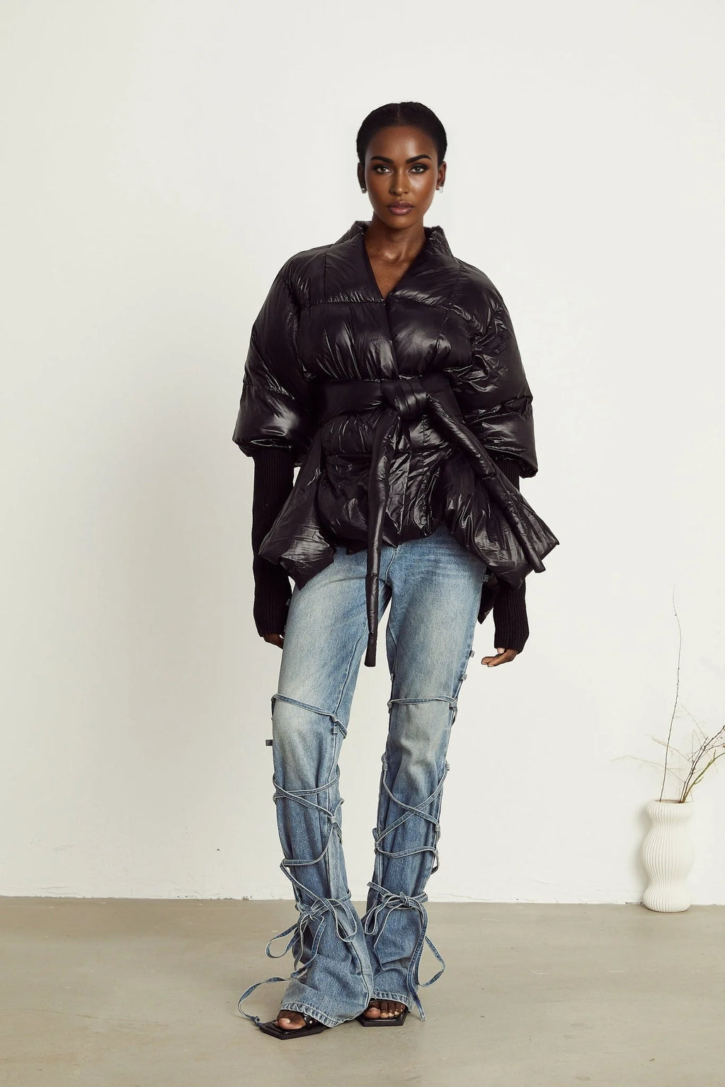 Everleigh Jacket - Padded Design - Knitted Panels - Belted Waist - Asymmetric Hem